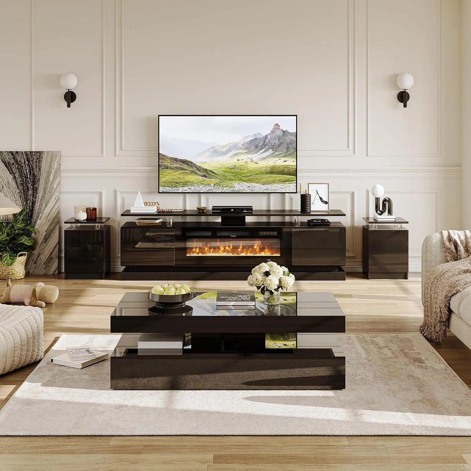 4-Piece Modern Living Room Table Set, Includes High Gloss 70" Fireplace TV Stand, 47" LED Coffee Table and 18" End Tables Set of 2 with Storage Drawers, Black
