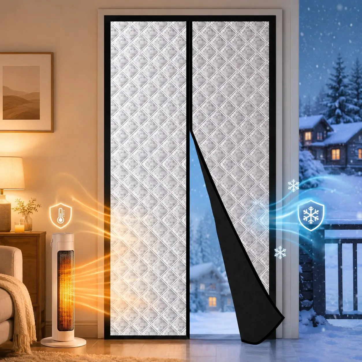 Thick Winter Thermal Door Curtain, Silver Quilted Insulated Door Cover, No-Drill Self-Adhesive Hook-and-Loop Install, Windproof Cold Draft Blocking Barrier, Light Blocking & Sound Reducing Door Curtain for Bedroom Living Room Kitchen