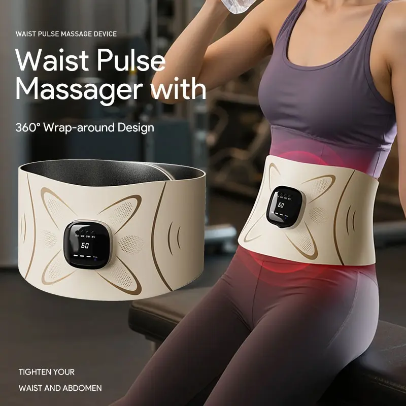 1PC 3-in-1 EMS Pulse Waist Support Massager, Rechargeable Wellness Belt, with 7 Modes, 20 Levels Deep Tissue Vibration, Belly Fat Burning with Microcurrent Heat for Period Pain Relief, Hot Compression Function for Working Out and Boosting Sweat
