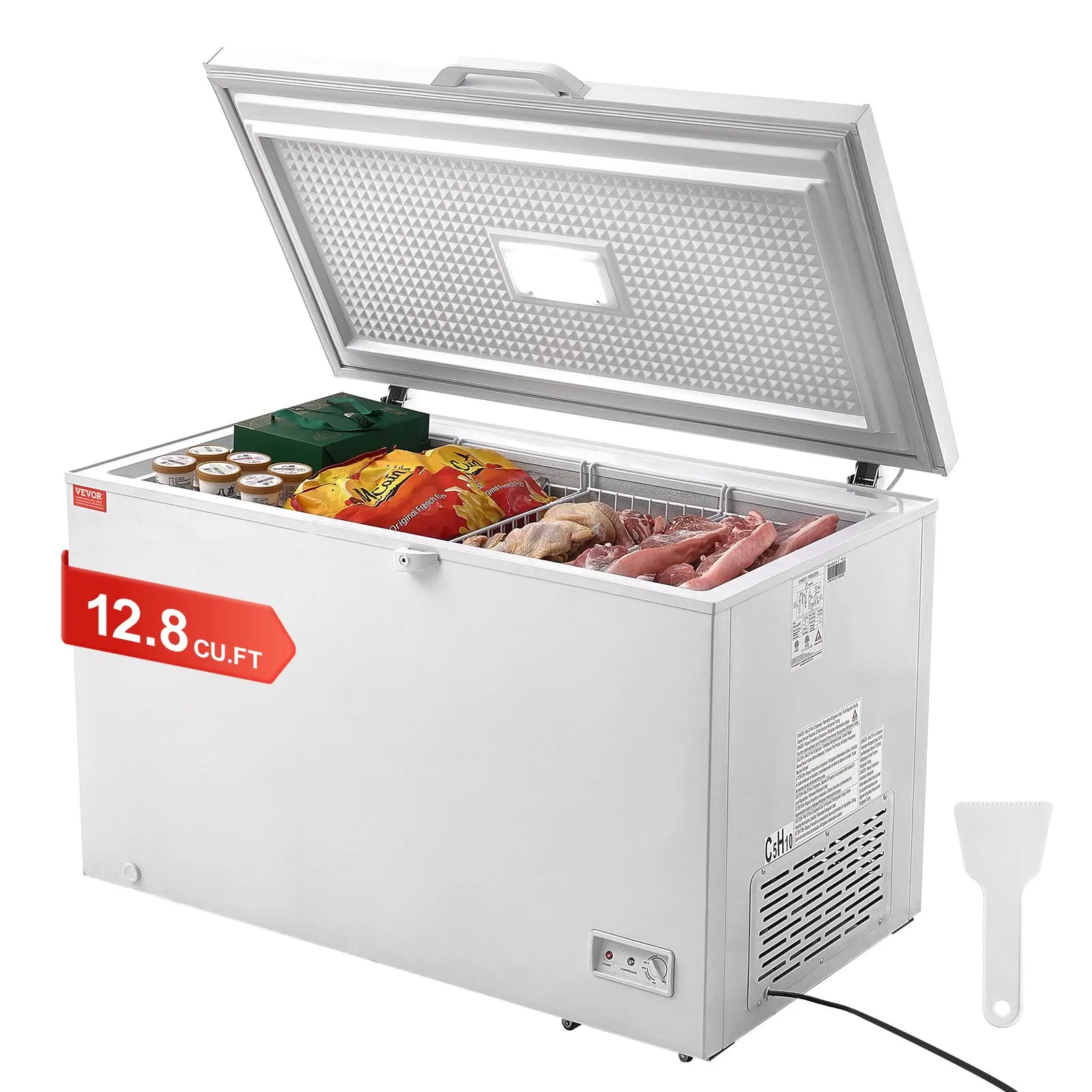 VEVOR Chest Freezer, 12.8 Cu.ft / 345 L Large Deep Freezer & 4 Removable Baskets, Freestanding Top Open Door Commercial Chest Freezers with Locking Lid, 7-Level Adjustable Temp, LED Lighting, 6 Wheel