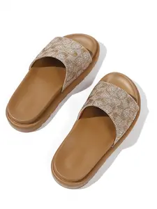 Women Rhinestone Vintage Logo Print Platform Slide Sandals Open Toe Slip On Casual Slippers Footwear