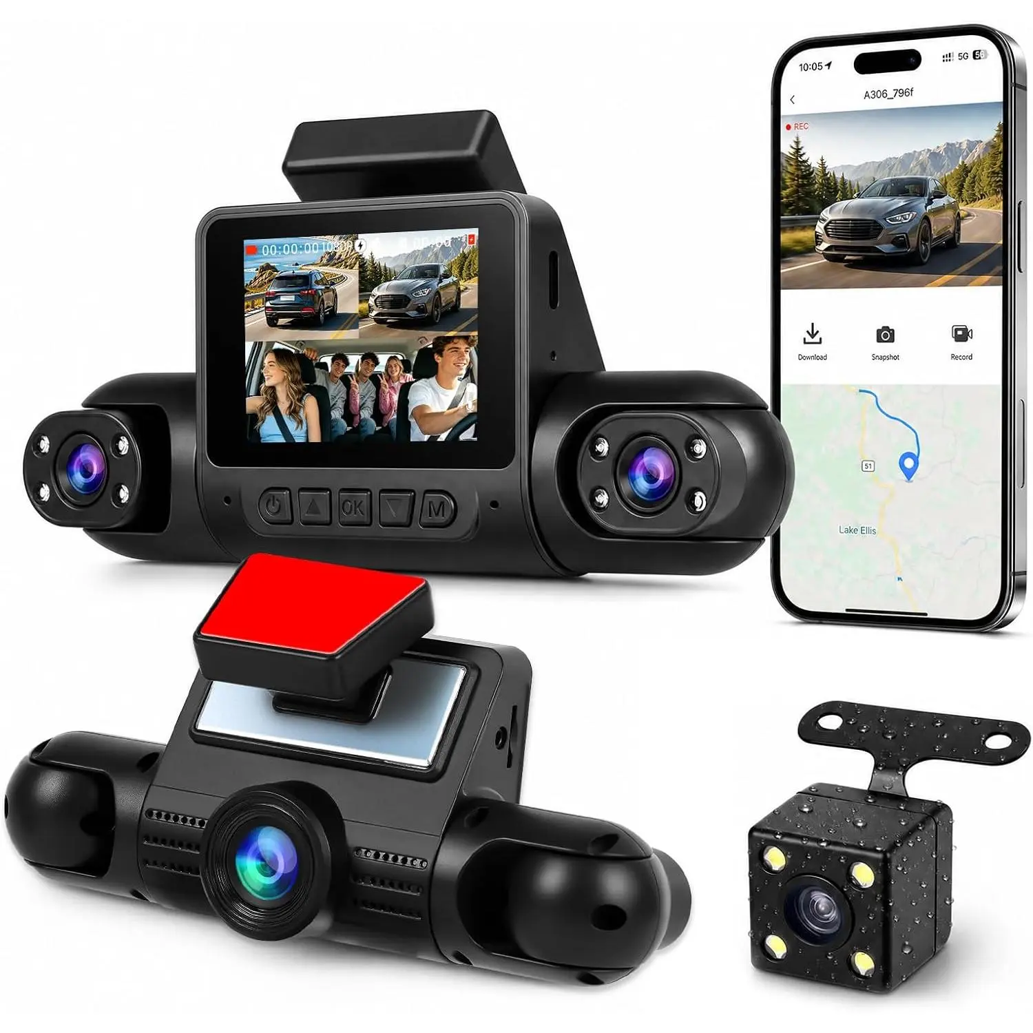 4 Channel 360° Dash Cam, 1080P FHD Front and Rear Camera for Cars, Loop Recording, Reverse Assistance, 2" IPS Screen, 13 Languages Supported