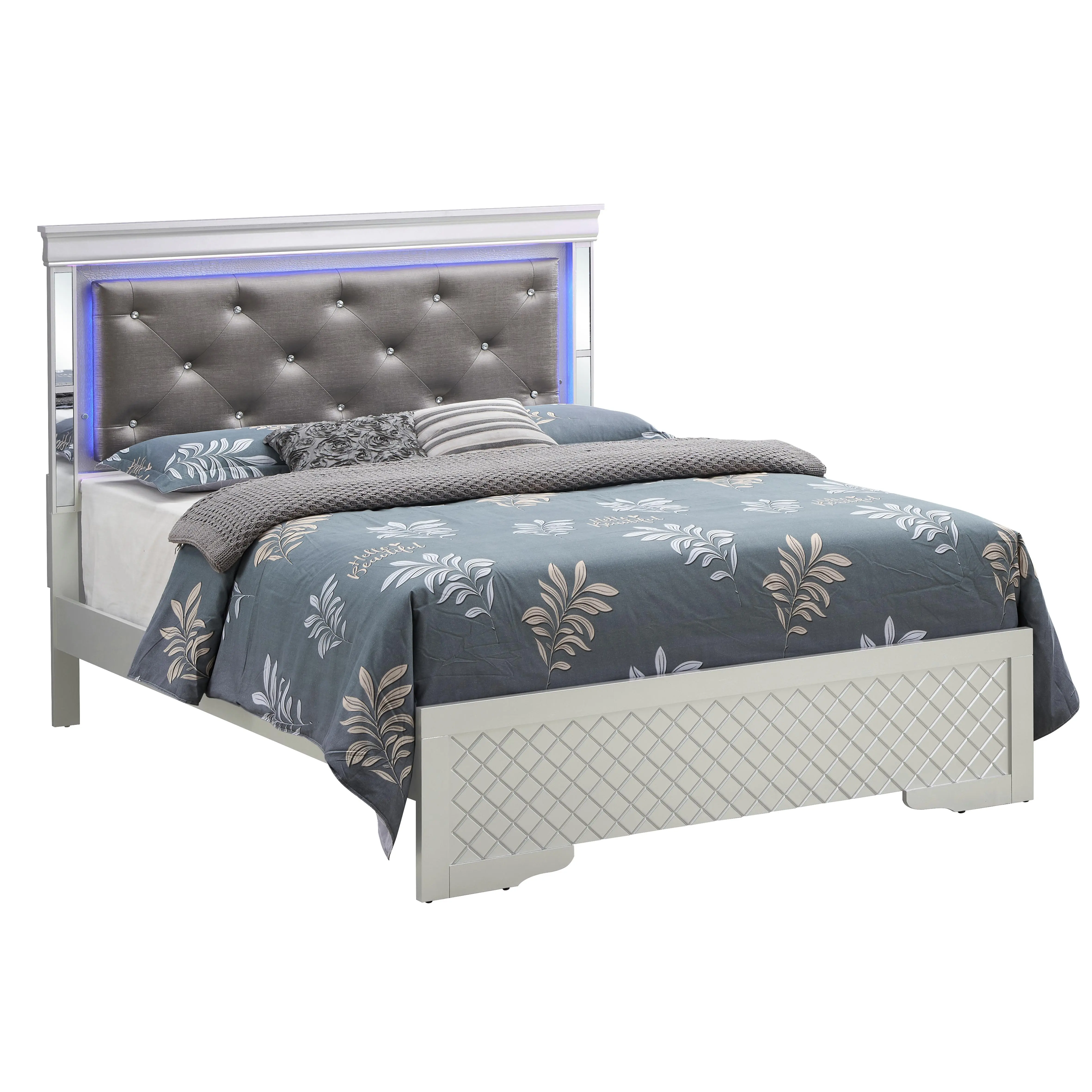 Nokaa Transitional Full Bed Frame in Silver Champagne, Sturdy Particle Board Platform Bed with Headboard, No Box Spring Needed, Easy Assembly, Full Size Bed Frame for Bedroom, Guest Room, Apartment