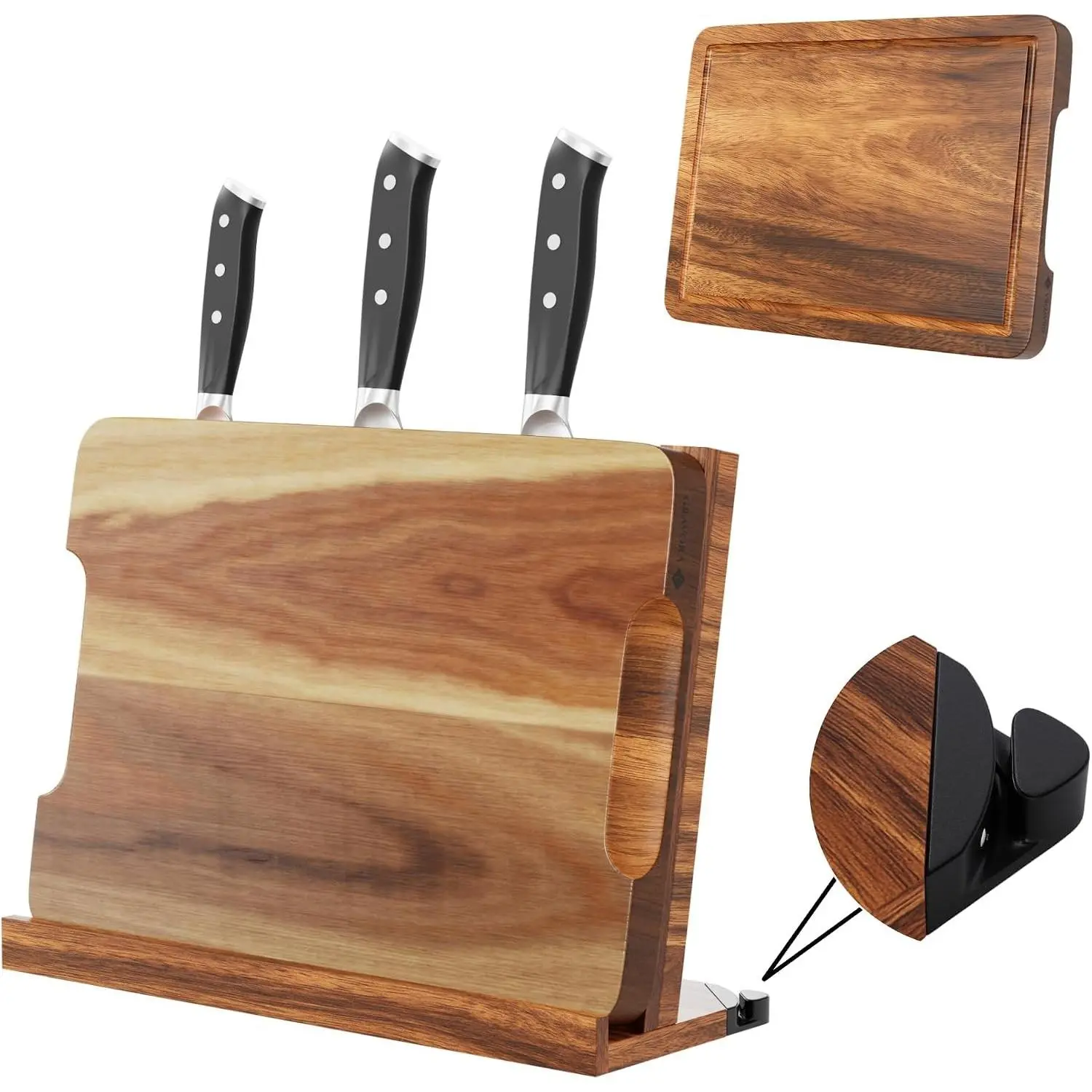 3 in 1 Magnetic Knife Block Stand with Cutting Board and Knife Sharpener, Acacia Wood Magnetic Knife Holder, Double Sided Storage Rack, No Assembly Required