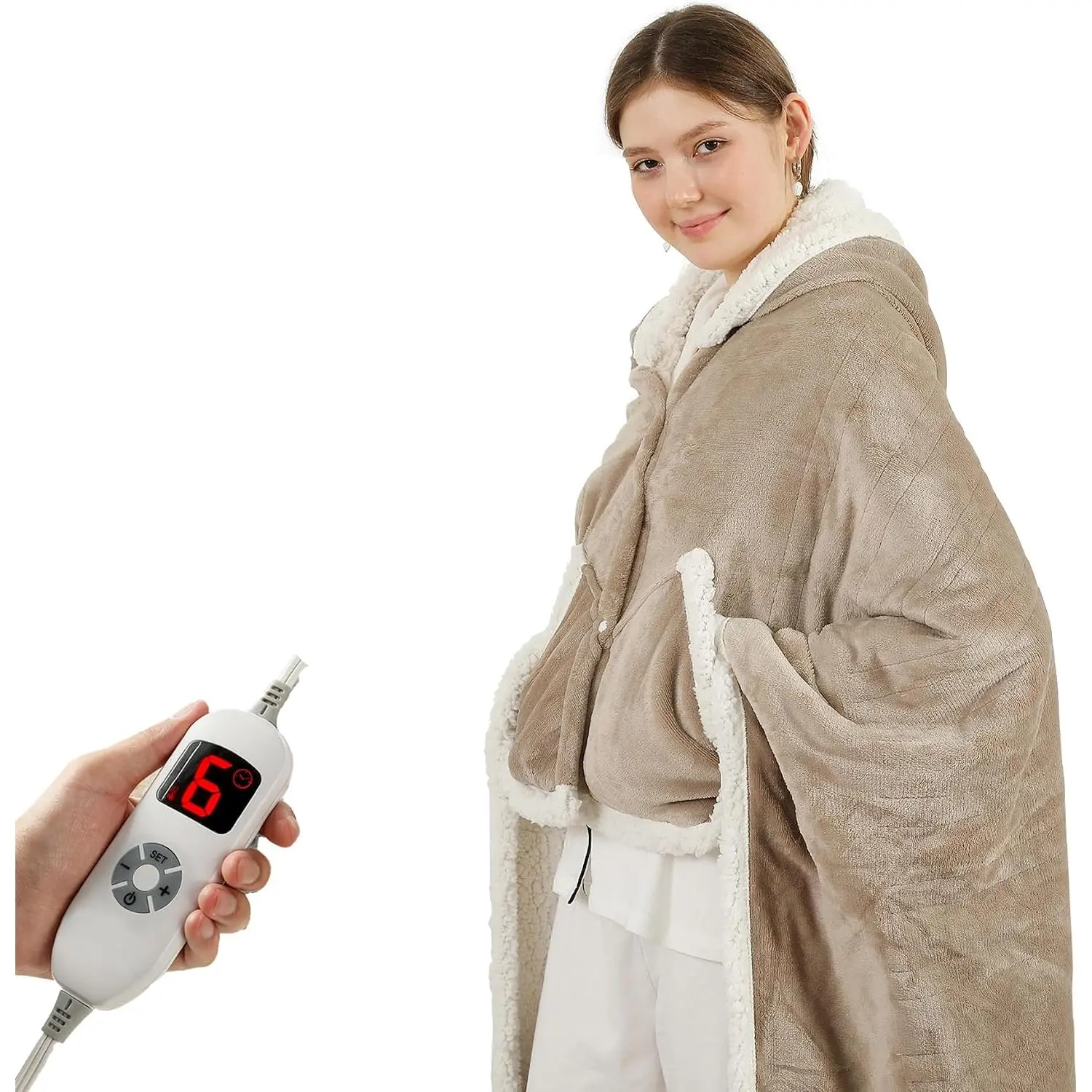 Heated Blanket Wearable Shawl Electric Throw, Heated Wrap with Pockets, Poncho Blanket Hoodie for Adult, 6 Heat Settings & 1-4H Timer Auto Off, , 50 * 64", Camel