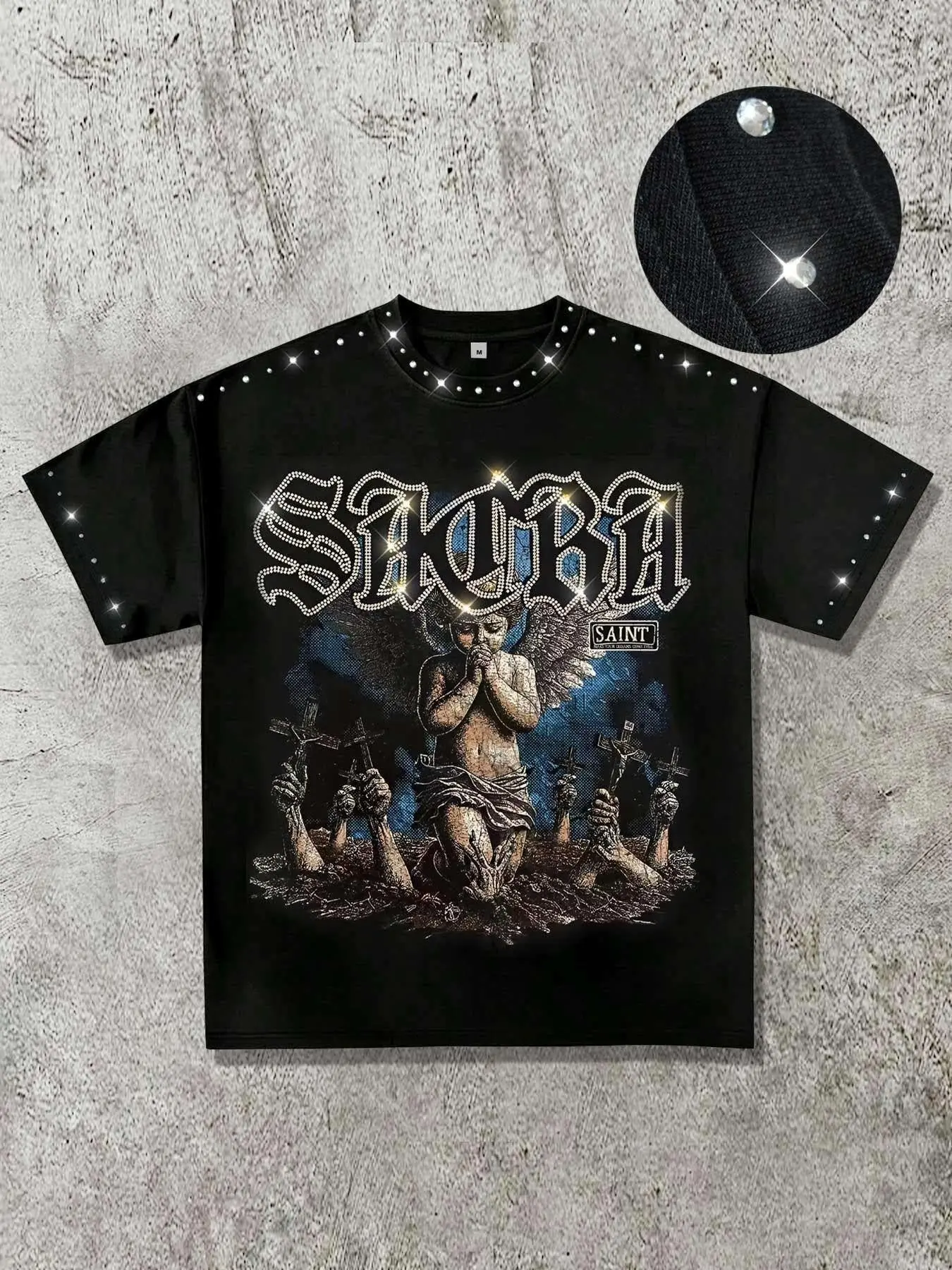 Angel Men's Cotton T-Shirt, Round Neck, Rhinestone Collar, Saint Blessed Slogan Print, Summer Short Sleeve, Vintage Street Fashion, Unisex Loose Fit, Streetwear, Top
