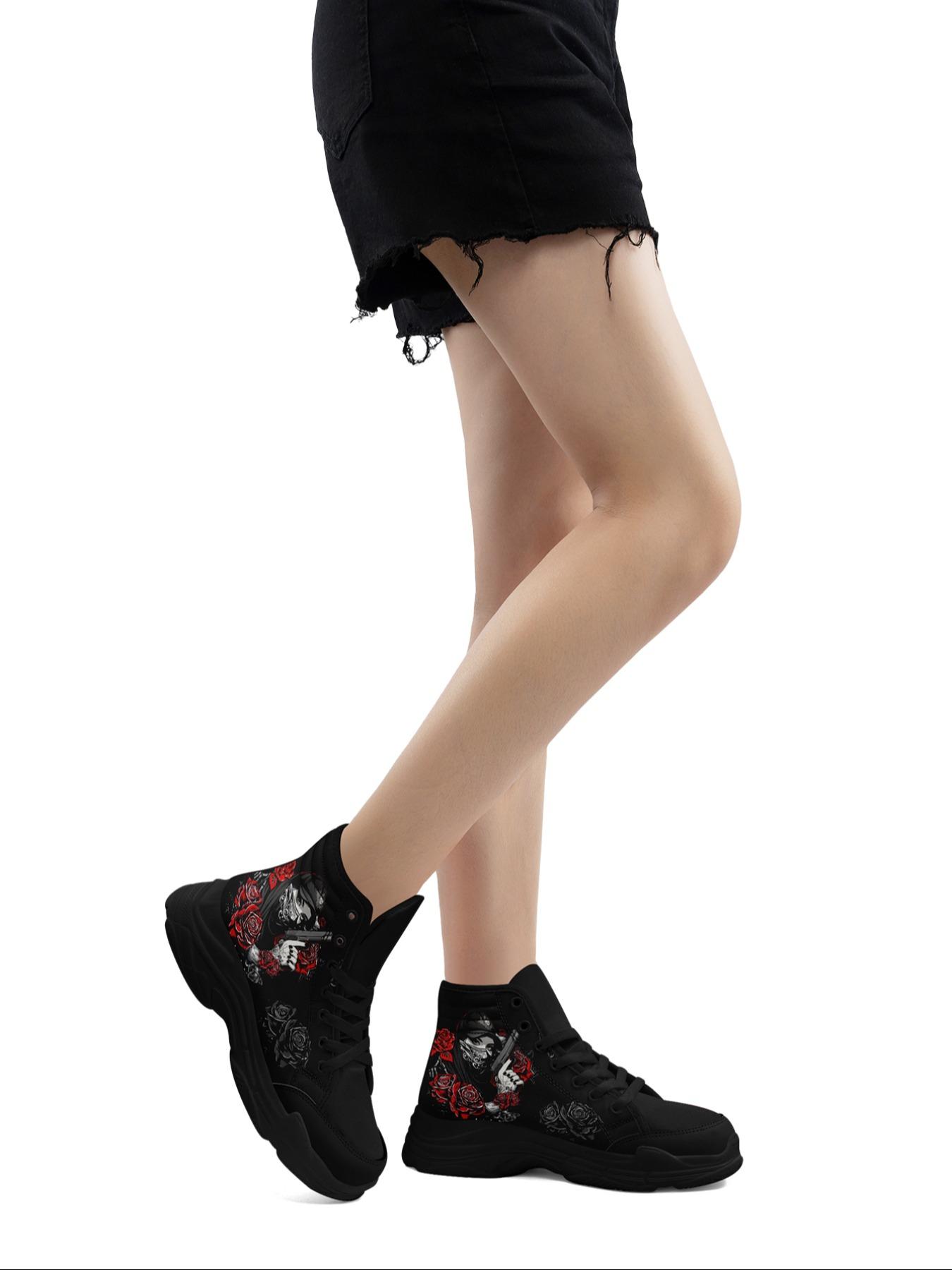 Women's Fashionable Rose & Lady Pattern Lace Up High Top Sneakers, Casual Comfortable Sports Shoes for Daily Wear, Breathable Non-slip Shoes for All Seasons