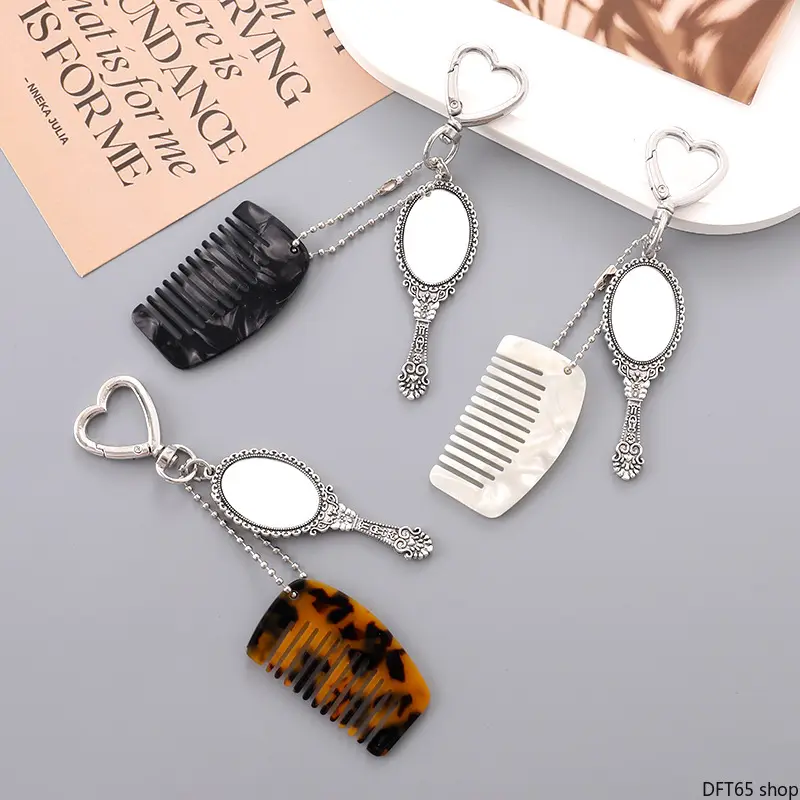 Polished Acetate Mini Comb And Hand Mirror Dual Function Pendant Fixed Metal Key Ring Smooth Anti Scratch Surface Compact Tiny Silhouette For Women Smartphone Handbag Portable Daily Anti Lost Multi Scene Decorative Carry Accessory, Synthetic, Portable Car