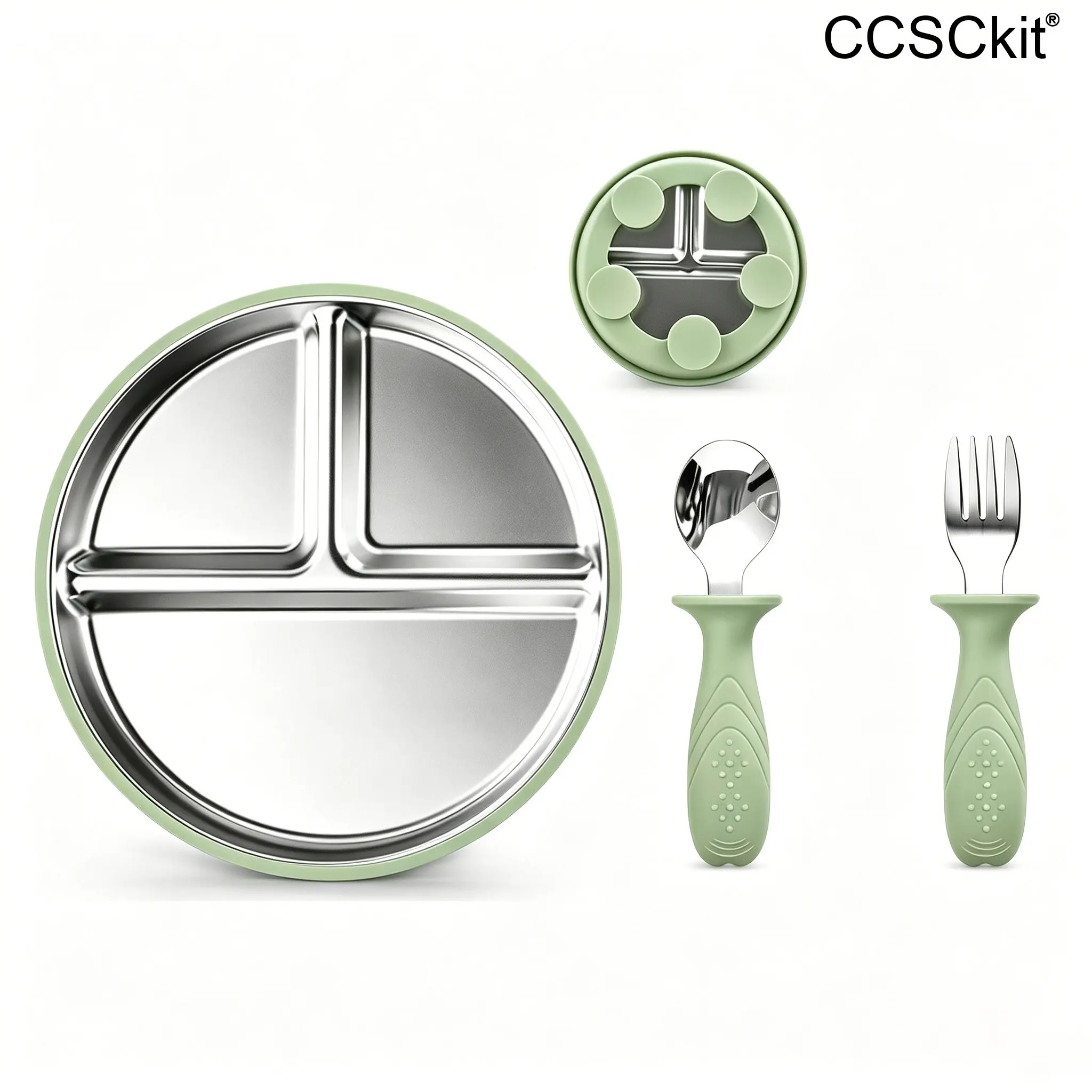 Stainless Steel Divided Plates with Silicone Sleeve for Babies & Toddlers |  Stay Put Suction | Dinner & Snack Plates ,Toddler Utensils, Comes with a fork and a spoon.