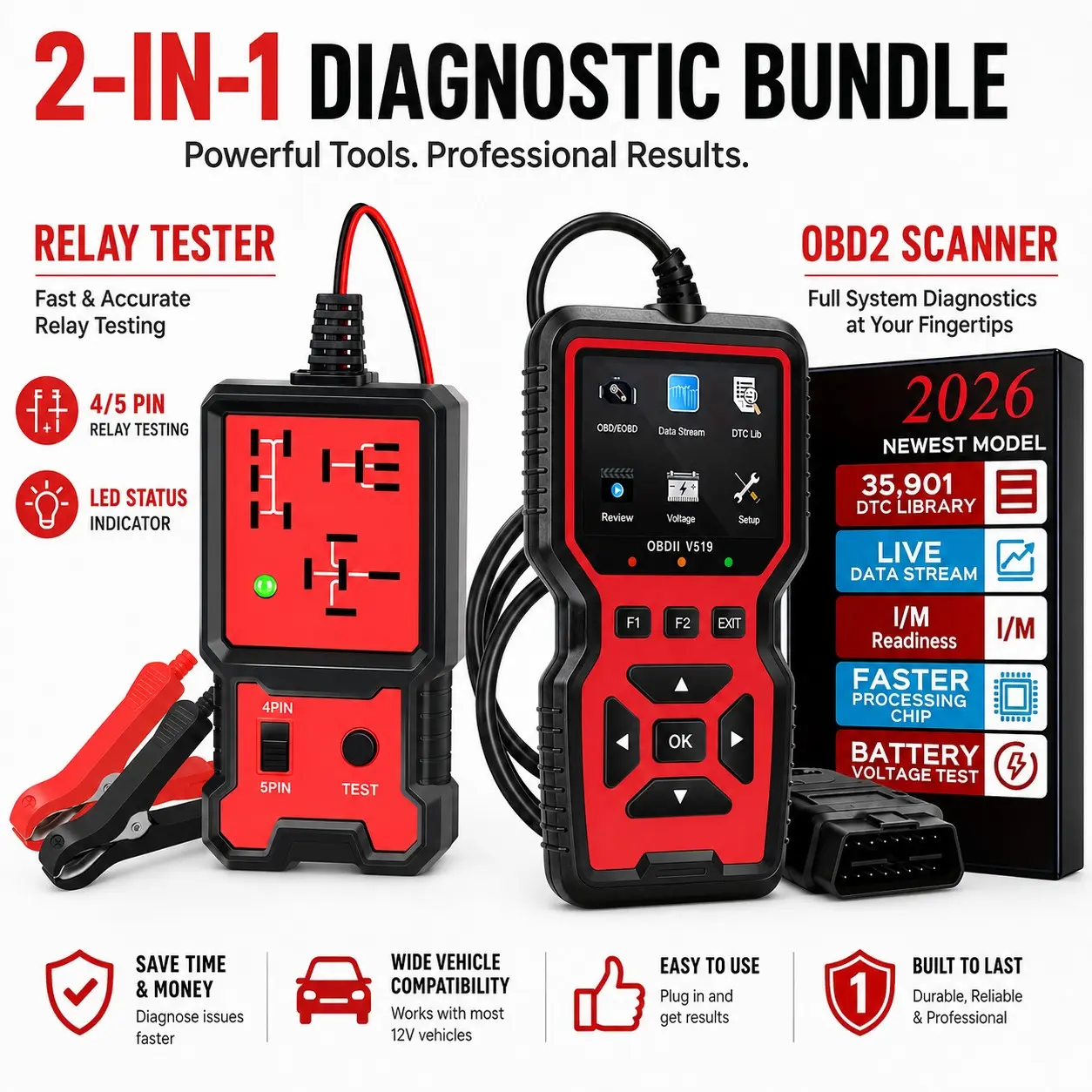 2-In-1 Obd2 Scanner and Relay Tester Kit, Automotive Diagnostic Tool, Read/clear Codes, Live Data, Battery Voltage Check, 12V Vehicles