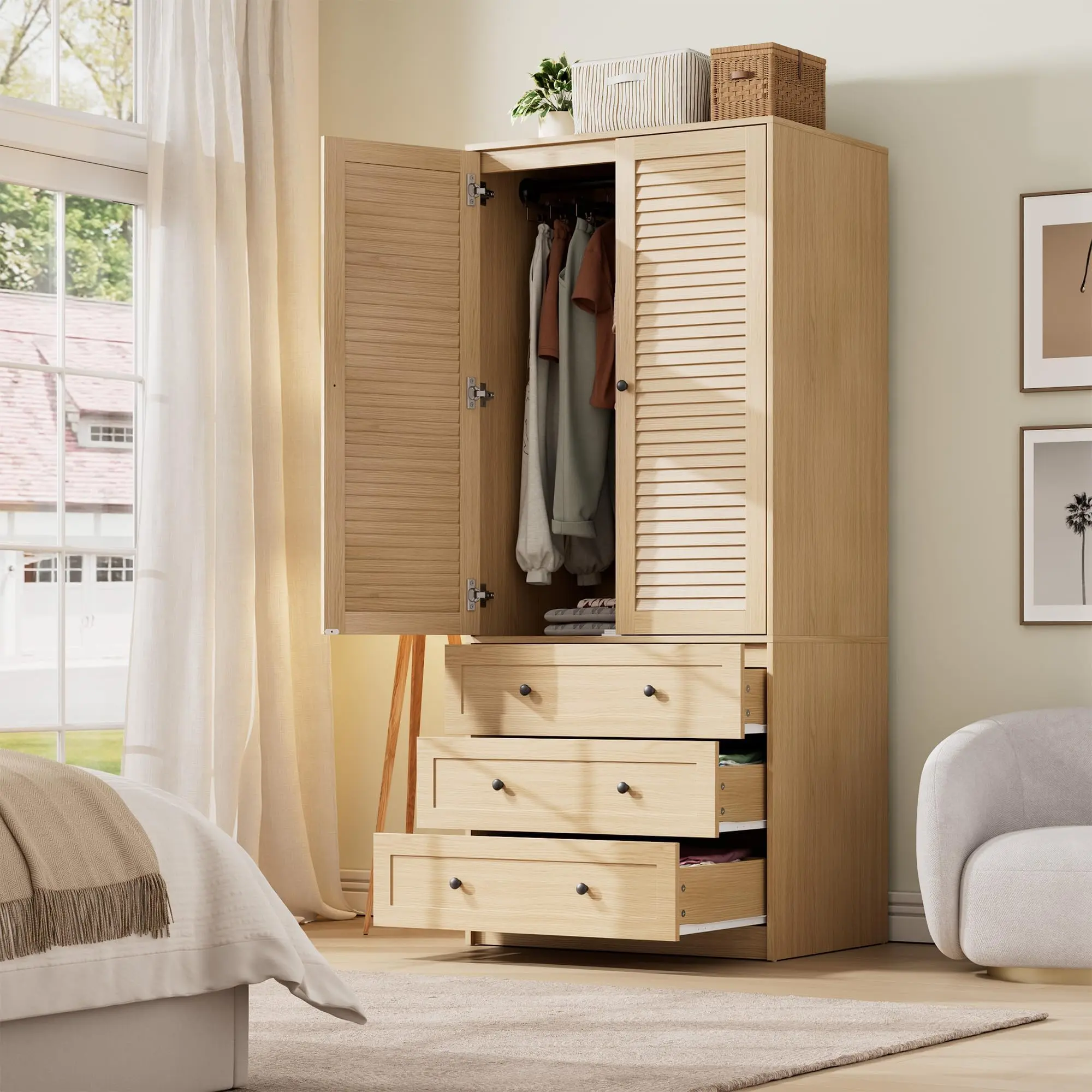 70" Wardrobe Armoire with 3 Drawers – White Wooden Closet with Hanging Rod & Shelf, Freestanding Storage Cabinet for Bedroom