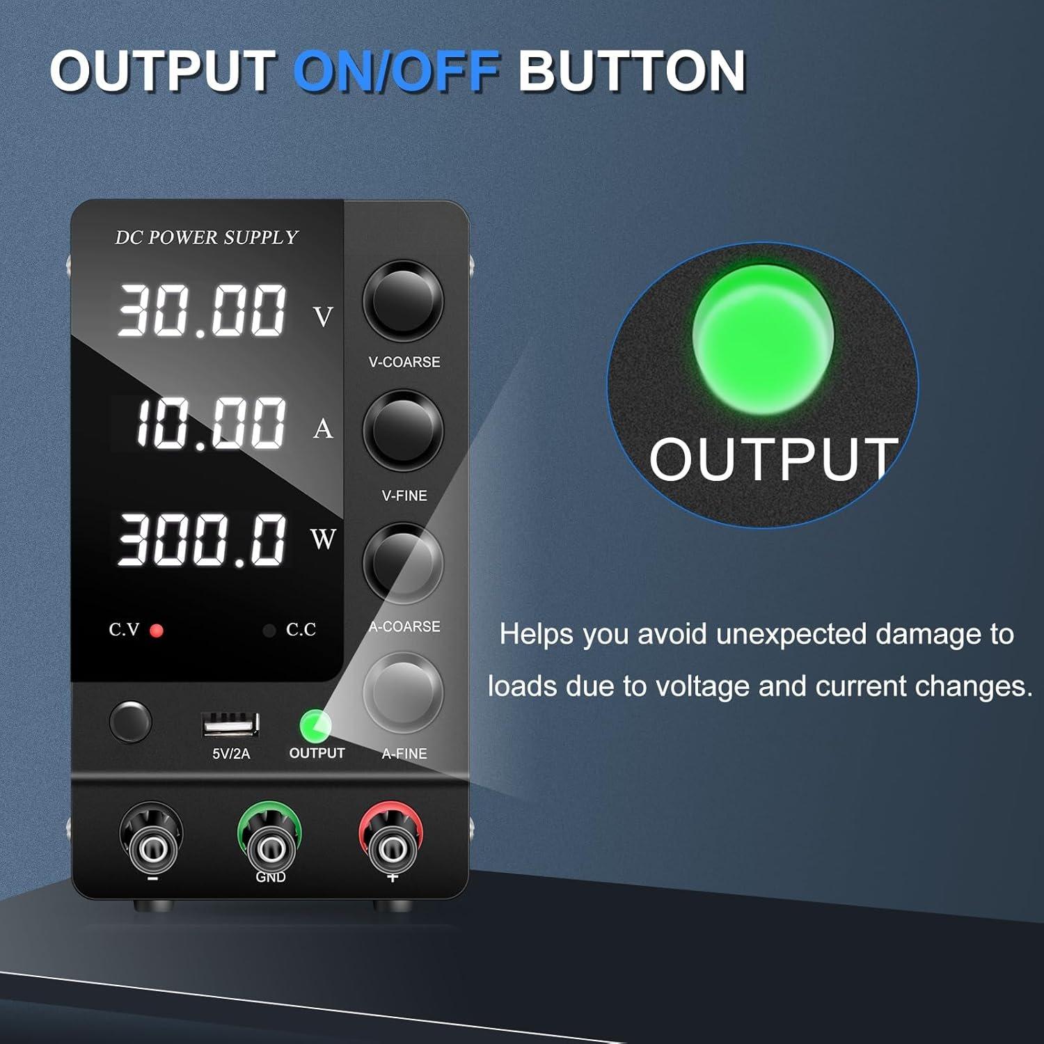 DC Power Variable 30V 10A, Adjustable Switching Regulated DC Bench Power with Output 4-Digit LED Display, Benchtop Lab Power Supplies with 5V/2A USB Port DC Power Variable 30V 10A, Adjustable Switching Regulated DC Bench Power with Output 4-Digit LED Display, Benchtop Lab Power Supplies with 5V/2A USB Port