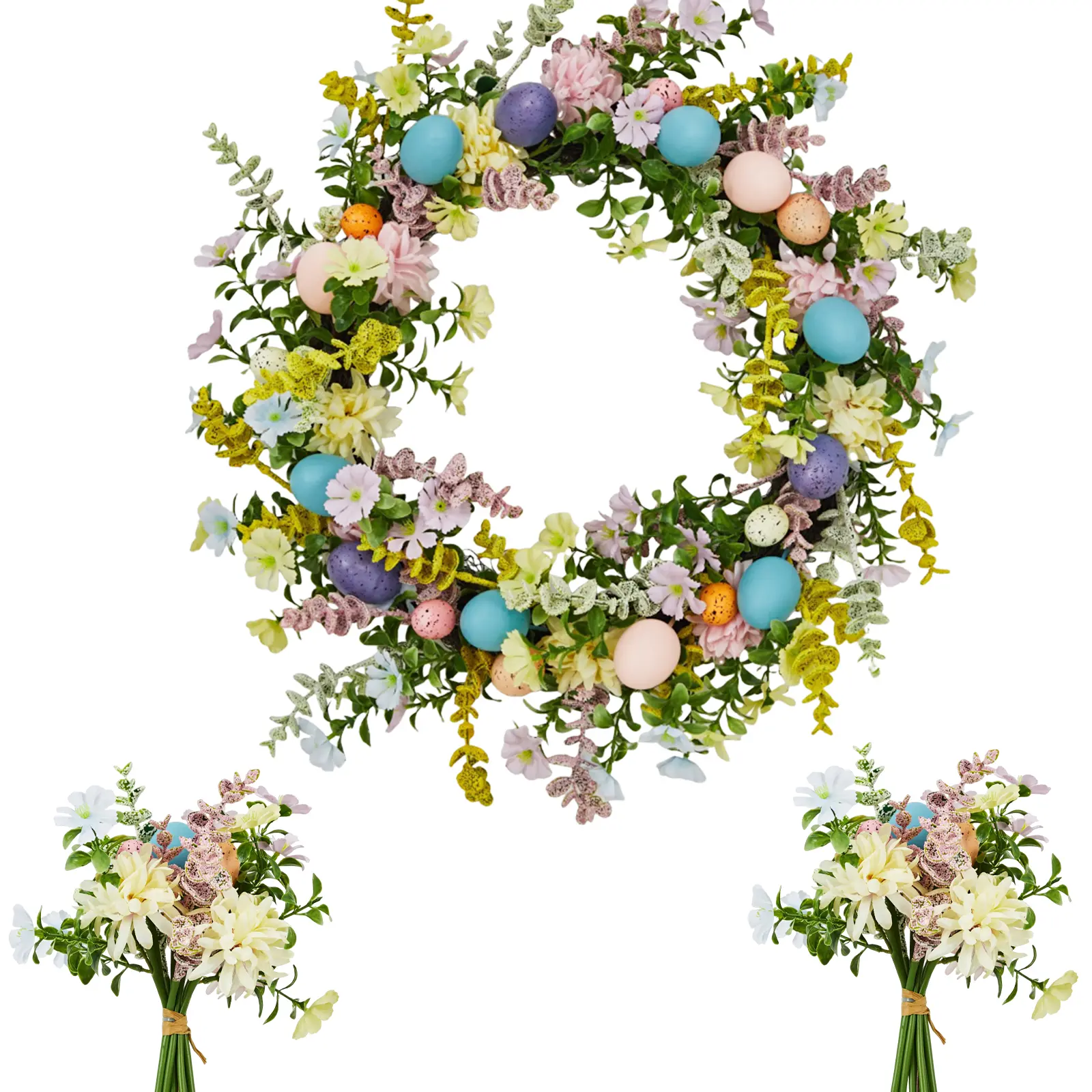 Gaomon Rattan Easter Wreath for Front Door - Home Supplies, Artificial Flower Wreath with 2 Matching Bouquets, Colorful Eggs, Authentic Rustic Look for Indoors & Outdoors