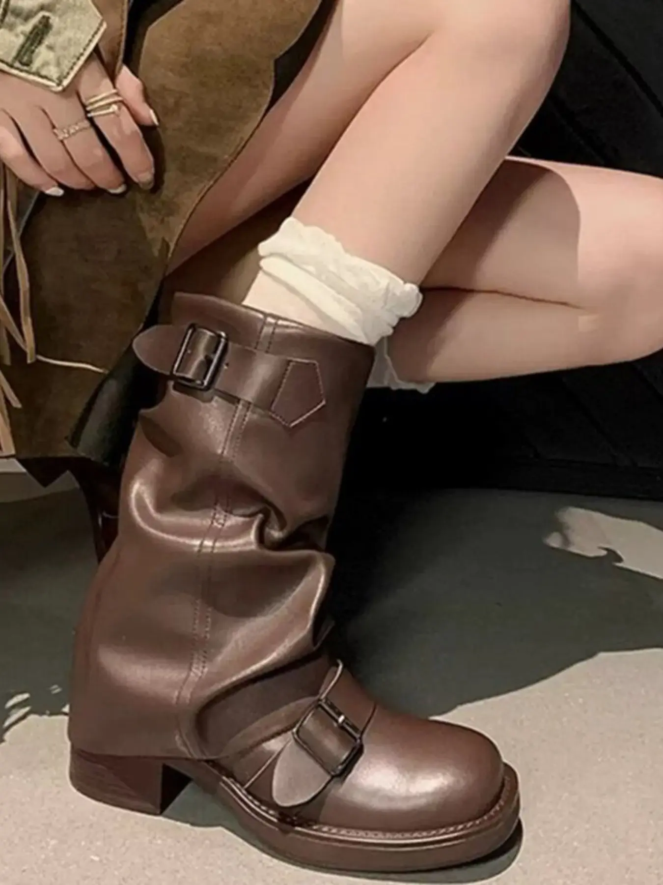 Women's Mid-Calf Boots, Cowgirl Western Boots, Round Toe PU Leather, Wide Fit, Casual Style, All Seasons, Solid Pattern, Rubber Sole, Western Fashion