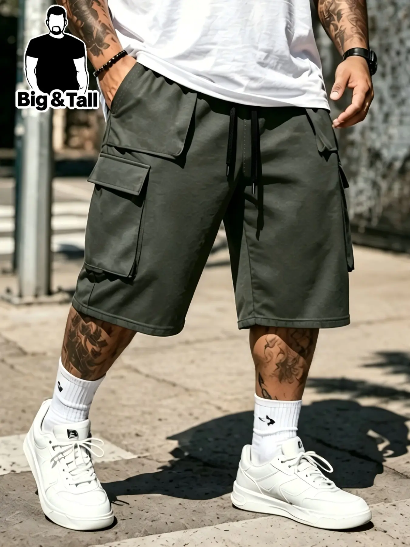 Plus Size Men's Elastic Drawstring Cargo Shorts, Comfortable Durable Large Pockets Outdoor Sports Shorts, Casual Outdoor Shorts