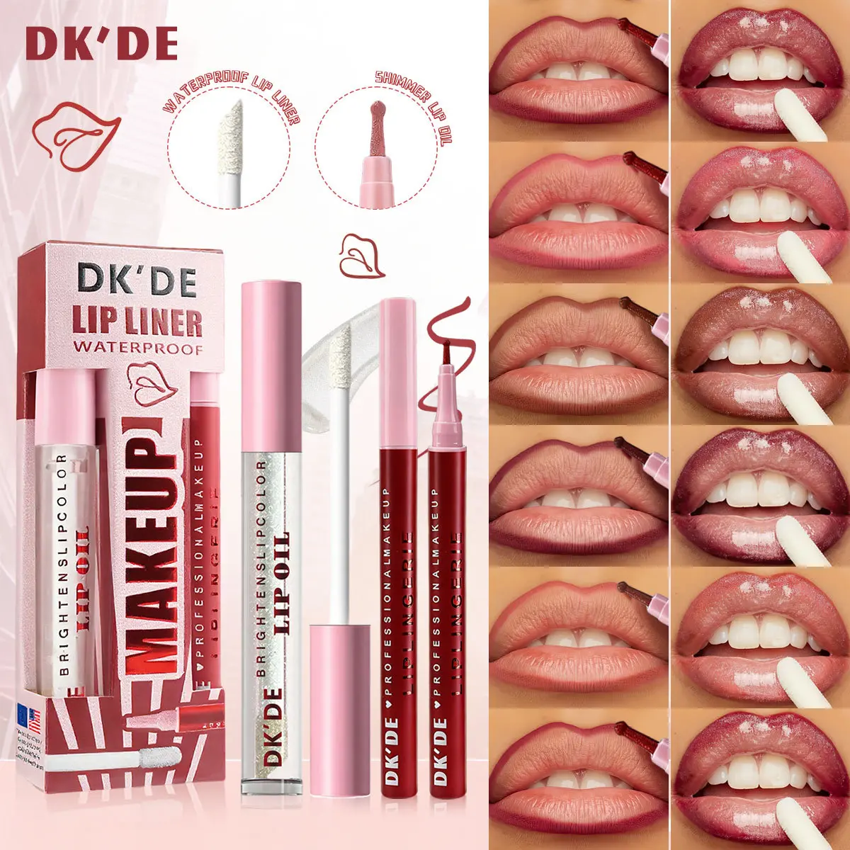 2In1 Waterproof Lip Liner & Shimmer Brightening Lip Oil Set Lip Plumping Oil Long Lasting Moisturizing Plump Glossy Hydrating Lip Gloss Brighten Lip Color Natural Nude Daily Lip Makeup for Beginners
