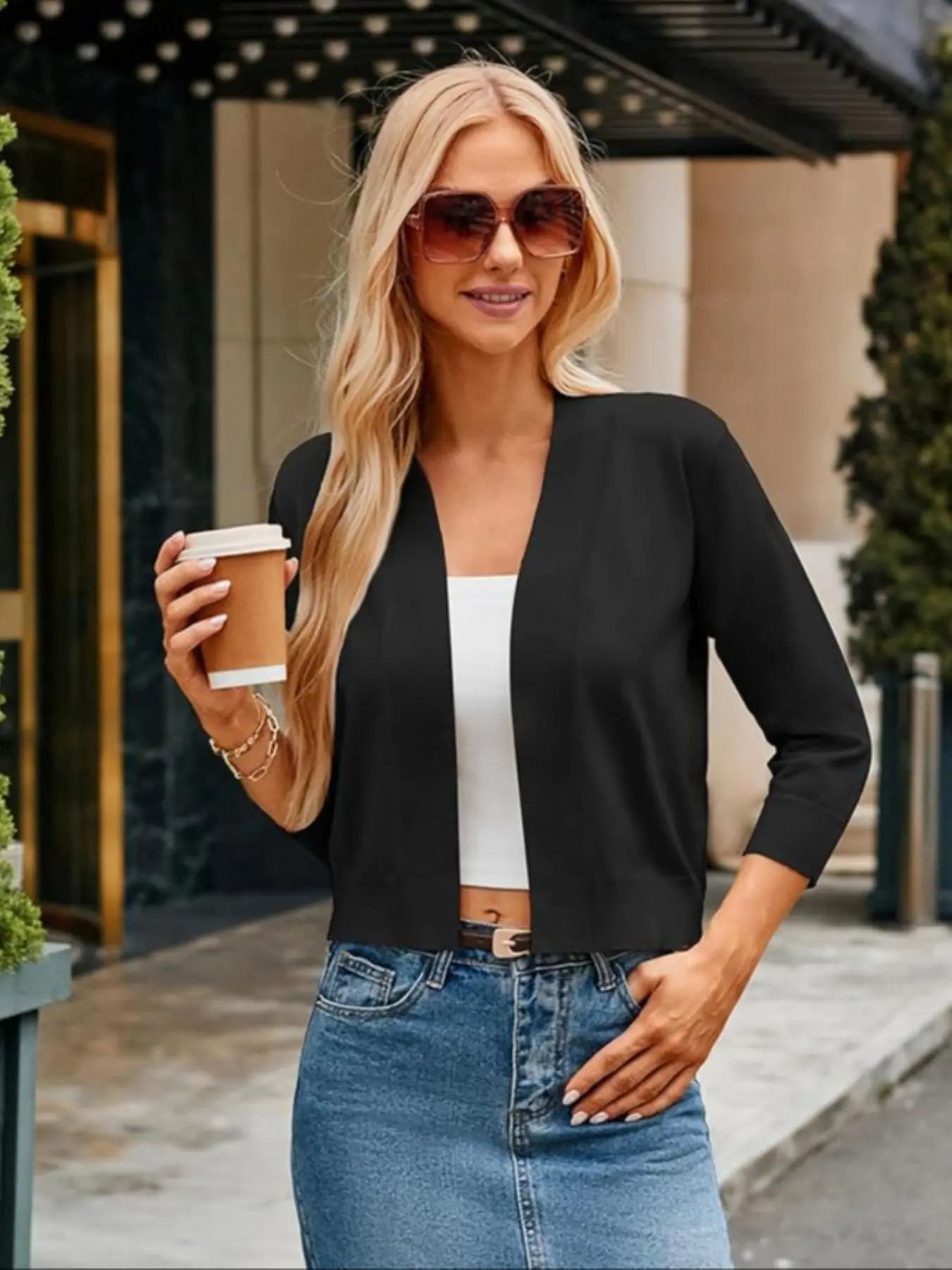 Simple Plain Open Front Short Knit Cardigan, Three-Quarter Sleeve Lightweight Sun Protection Outerwear, High Waist Versatile Shawl Coat for Women Knitwear