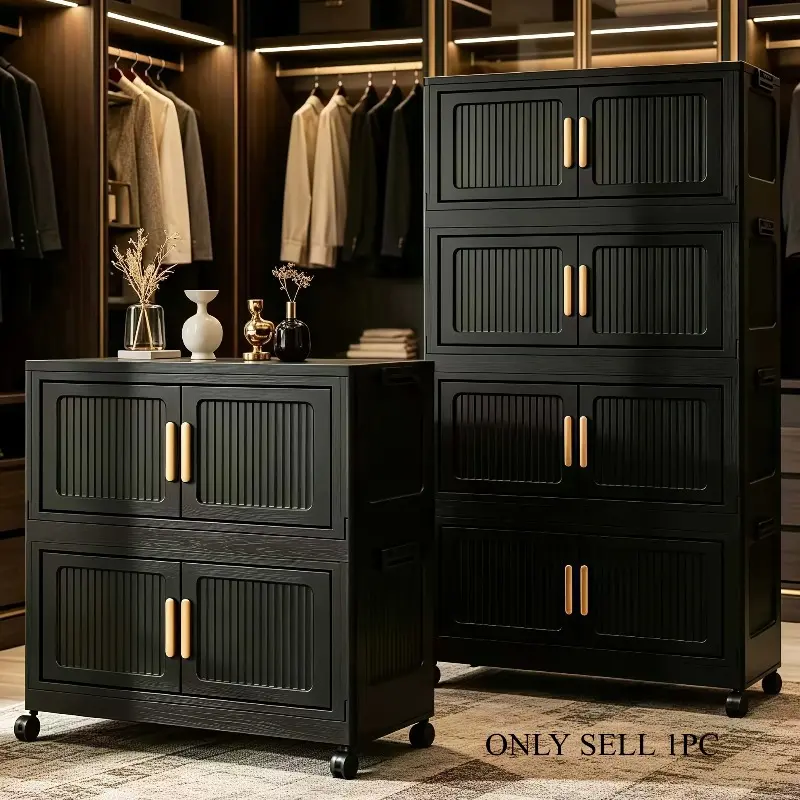 Stackable wardrobe storage cabinet, 3/4/5/6 layer black large capacity movable storage cabinet, convenient foldable plastic wardrobe organizer, double door storage box, space saving portable wardrobe with lid and door