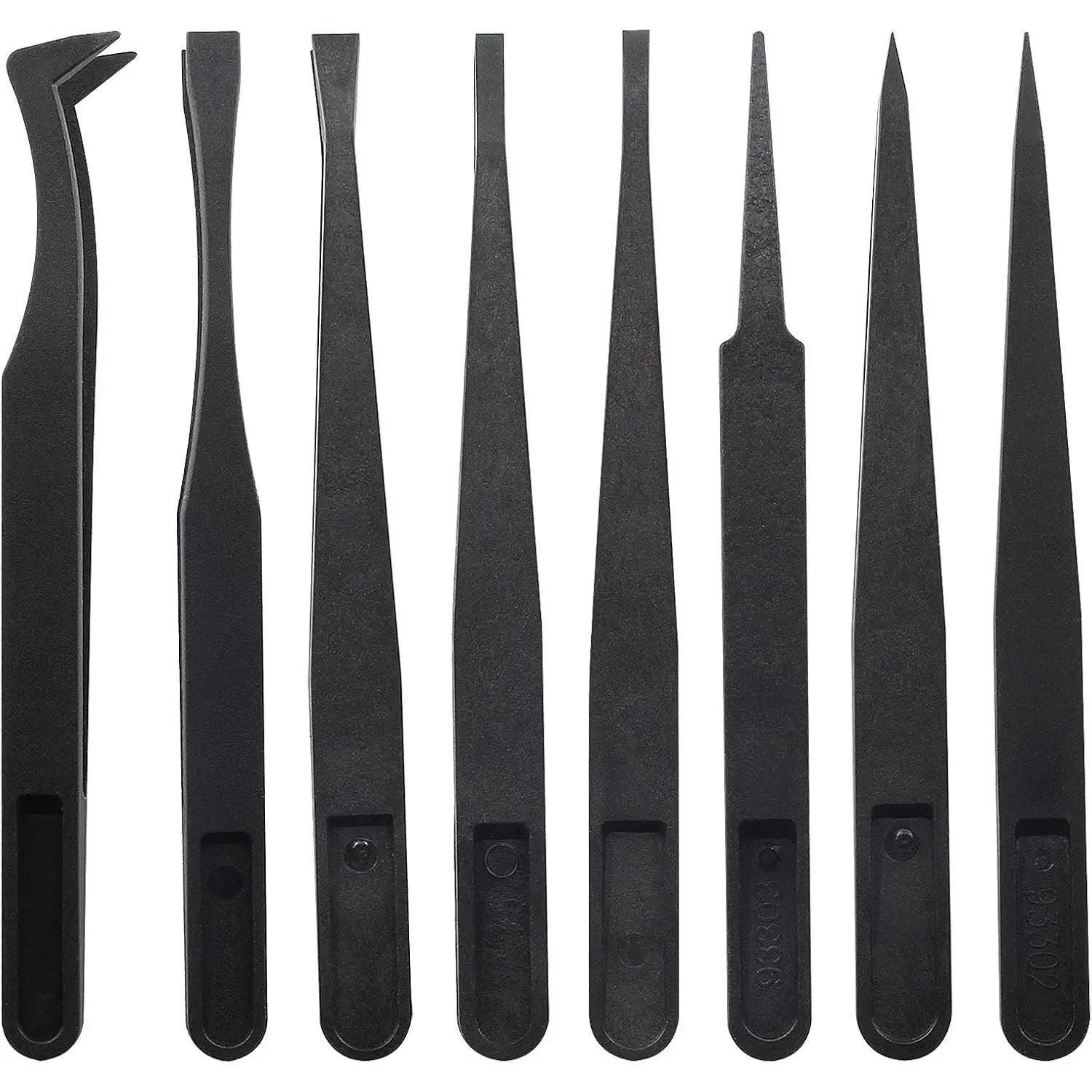 8Pcs Precision Plastic Tweezers, 4.5-4.8 Inch, Black | Anti-Static, Curved and Straight Tips, Electronics Assembly, Watch Repair, Crafts Making