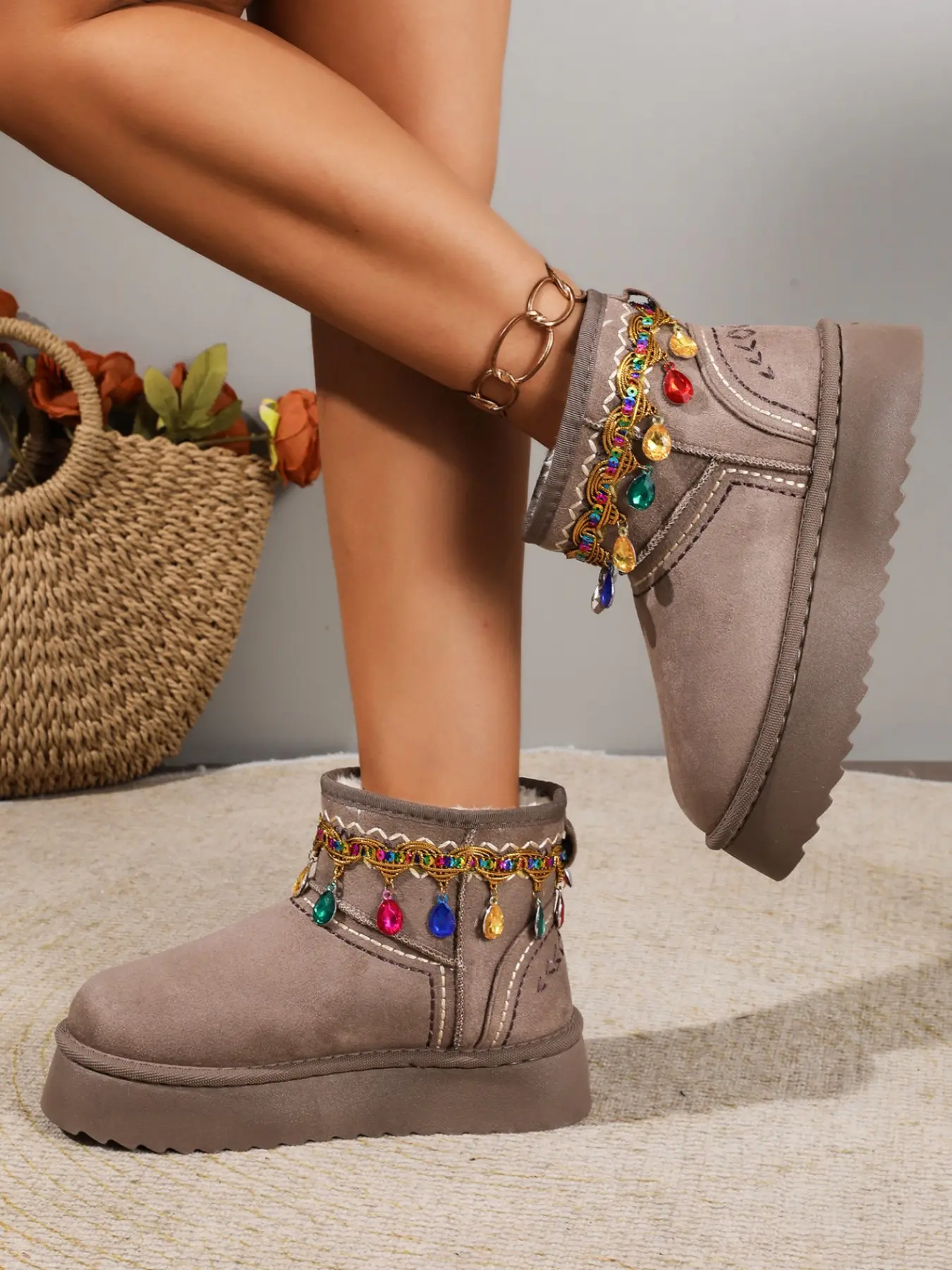 Women's Boho Style Snow Boots, Thick Sole, Faux Suede Short Calf, Warm Fall & Winter Outdoor Shoes, Retro Vintage Design