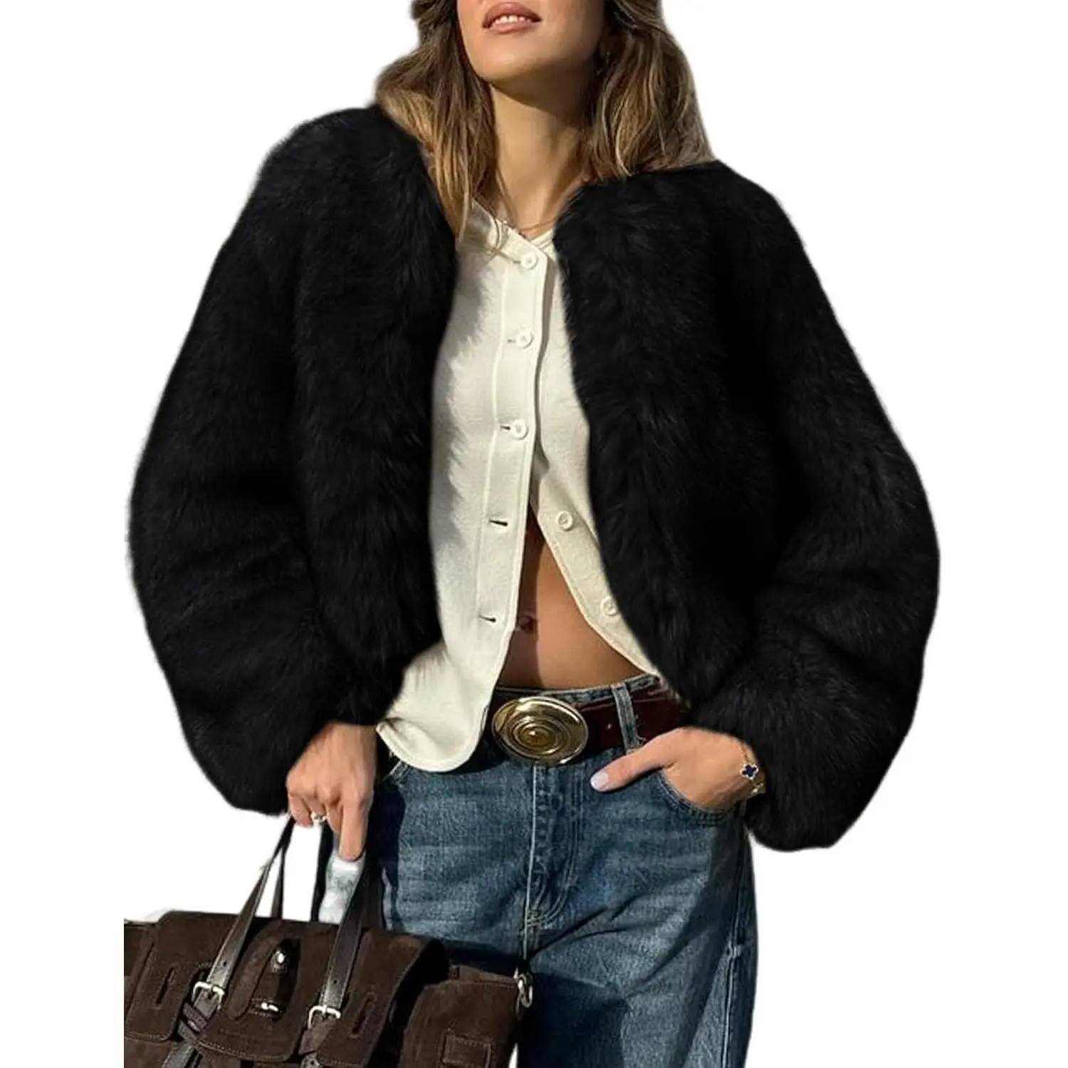 Yimoon Womens Faux Fur Coat Cropped Fur Jacket Fluffy Open Front Winter Warm Outerwear