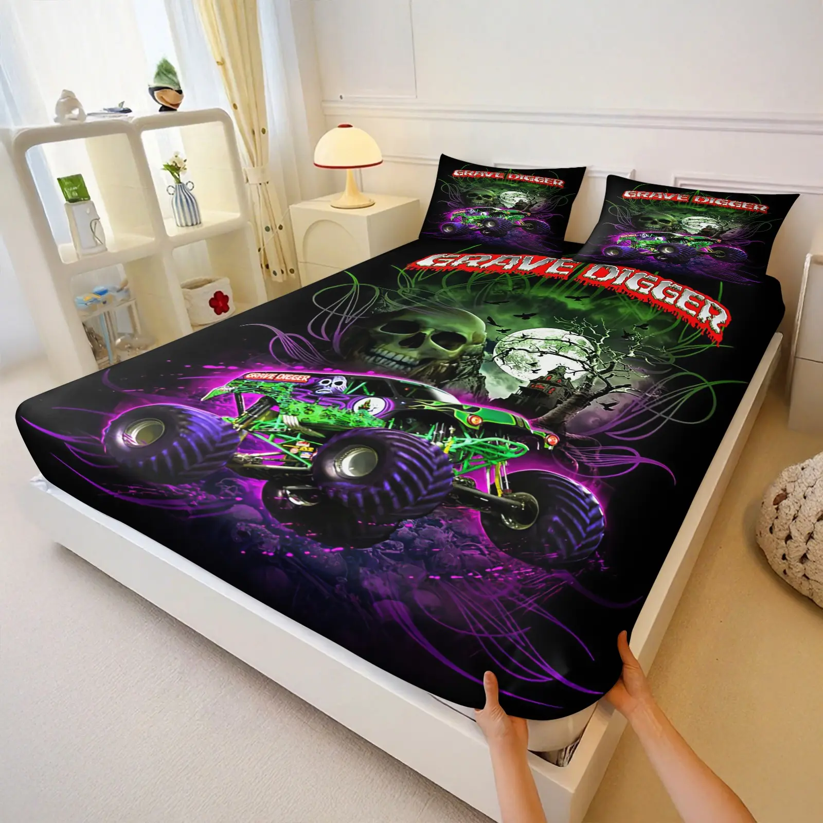 3pcs Grave Digger Monster Truck Print Fitted Sheet Set,Cool Gothic Skull And Haunted Forest Theme Bedding Set, Soft And Breathable Microfiber Bed Sheet,For Children'S And Teenagers' Bedroom Decor. Includes 2 Pillowcases, Pillow Inserts Not Included