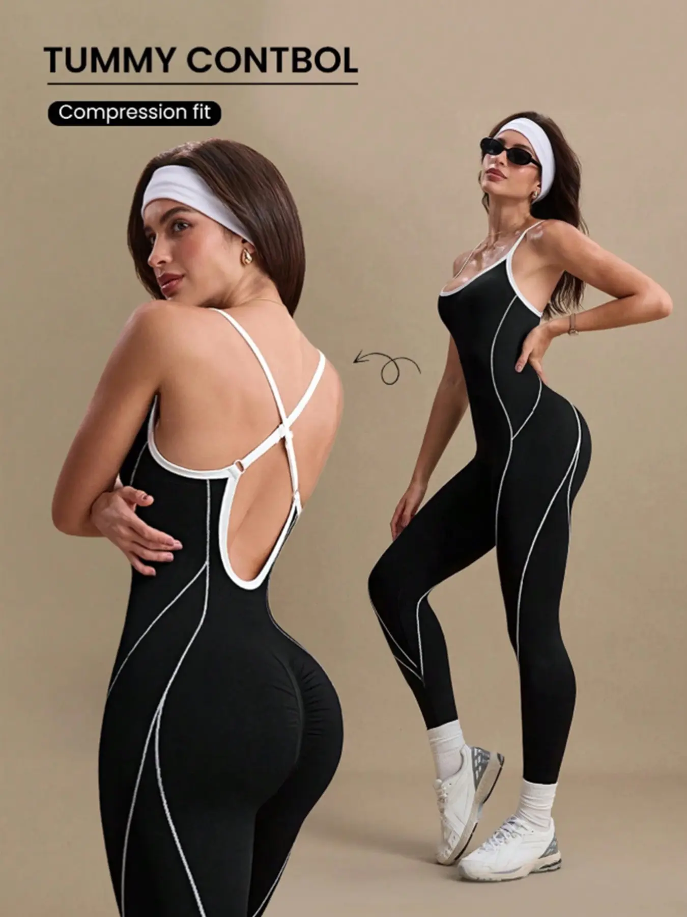 Women's Contrast U-Neck Backless Sporty Stretchy Jumpsuit, High Elasticity Yoga Pants, Short Sleeve, Plain Pattern, Compression Wear