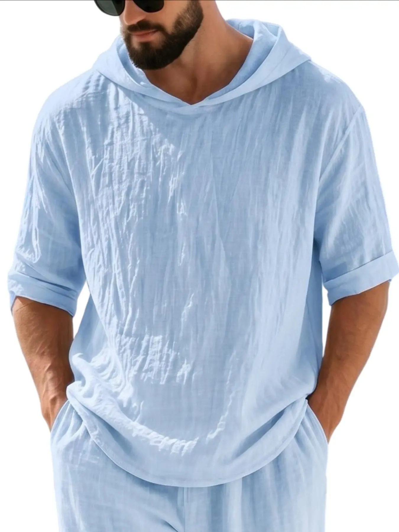 Cross-Border Summer Pure Linen Hooded Five-Quarter Sleeve Short Sleeve T-Shirt for Men, Loose Fit, Casual Style, Trendy Hemp Fabric