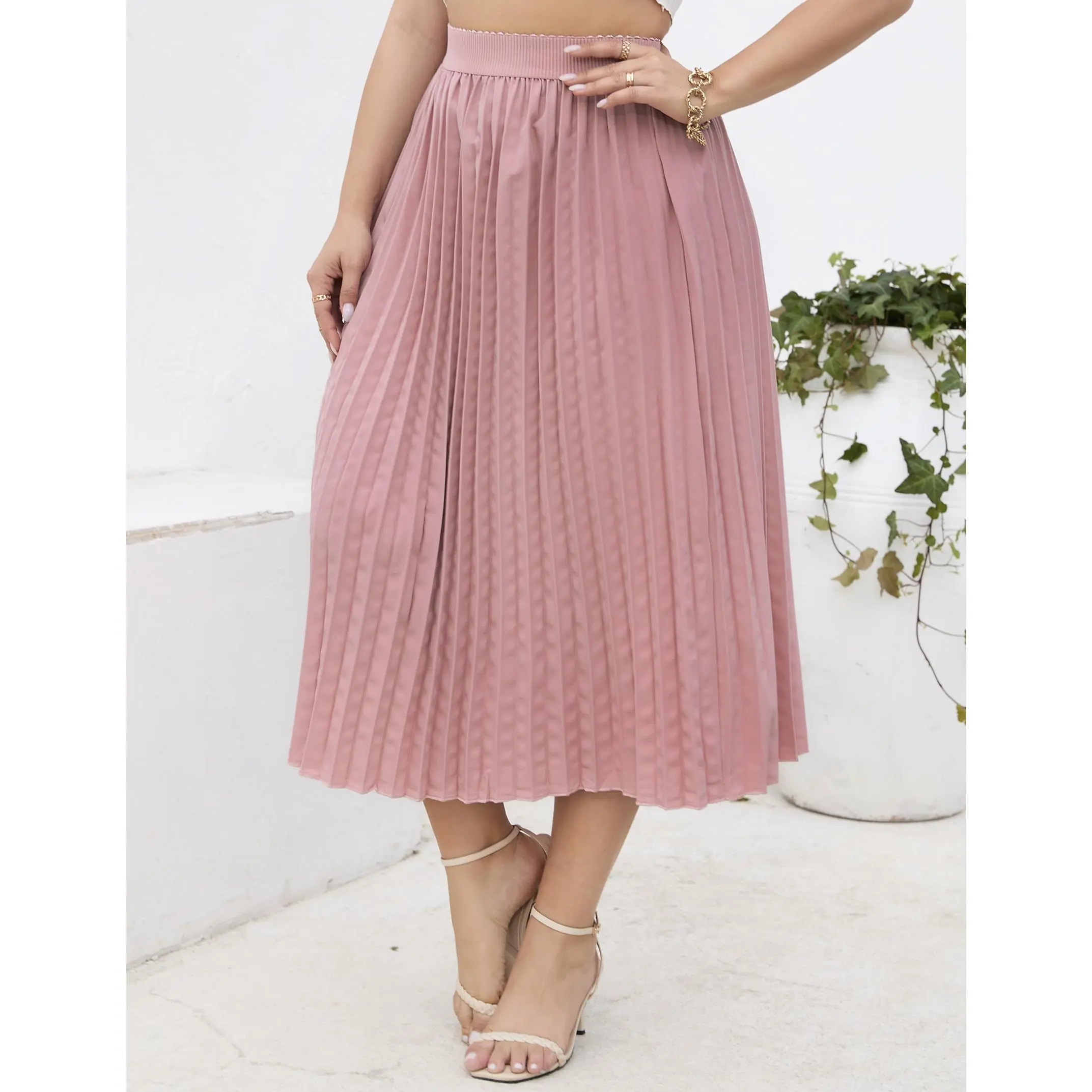 YF Clearance Sale Plus Size Women Elastic High Waist Solid Pleated Midi Skirt, Flowy A Line Swing Long Skirt, Lightweight Casual Vintage Skirt, Spring Summer Everyday Vacation Bottom Gift for Her Dusty Pink XL-5XL