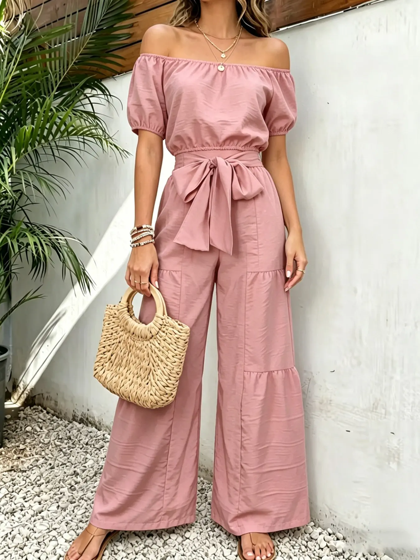 Summer New Women's One-Shoulder Puff Sleeve Feminine Fitted Blouse Top with Wide-Leg Pants Set, Chic Casual Style for a Slimming Look, Comfortable and Stylish Two-Piece Outfit, Womenswear, Minimalist, Clothes, Fashion Pants Set