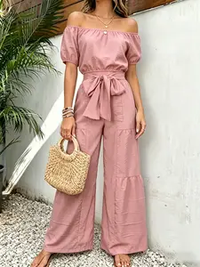 Summer New Women's One-Shoulder Puff Sleeve Feminine Fitted Blouse Top with Wide-Leg Pants Set, Casual Style for a Slimming Look, Comfortable and Stylish Two-Piece Outfit, Womenswear, Minimalist