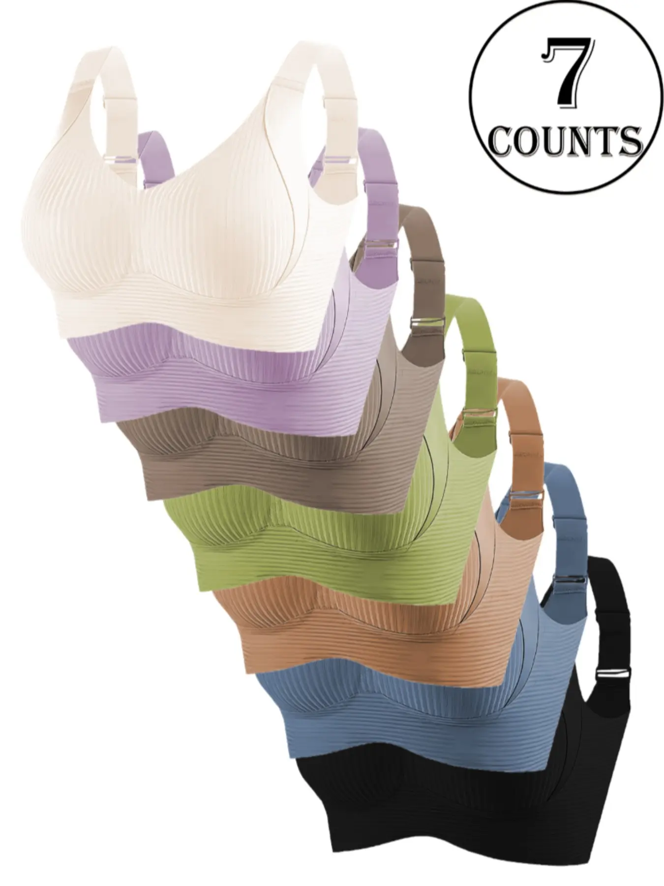 Multi Pack Women’s Seamless Ribbed Wireless Bras, Adjustable Strap Comfort Bralette Set, Soft Stretch Pullover Bra Tops, Light Support Everyday Underwear for Sleep Lounge Yoga Wear