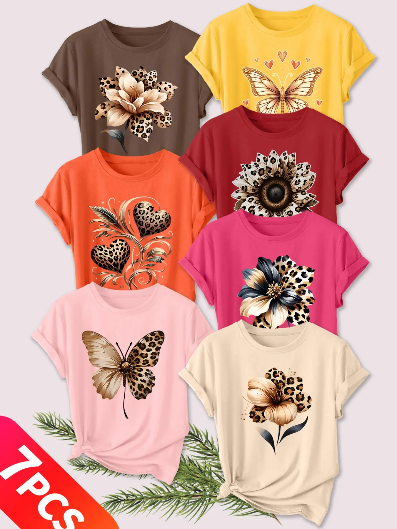 7PCS Women Crew Neck Casual Tee, Leopard Floral Butterfly Print, multi-color, washable, soft summer top
