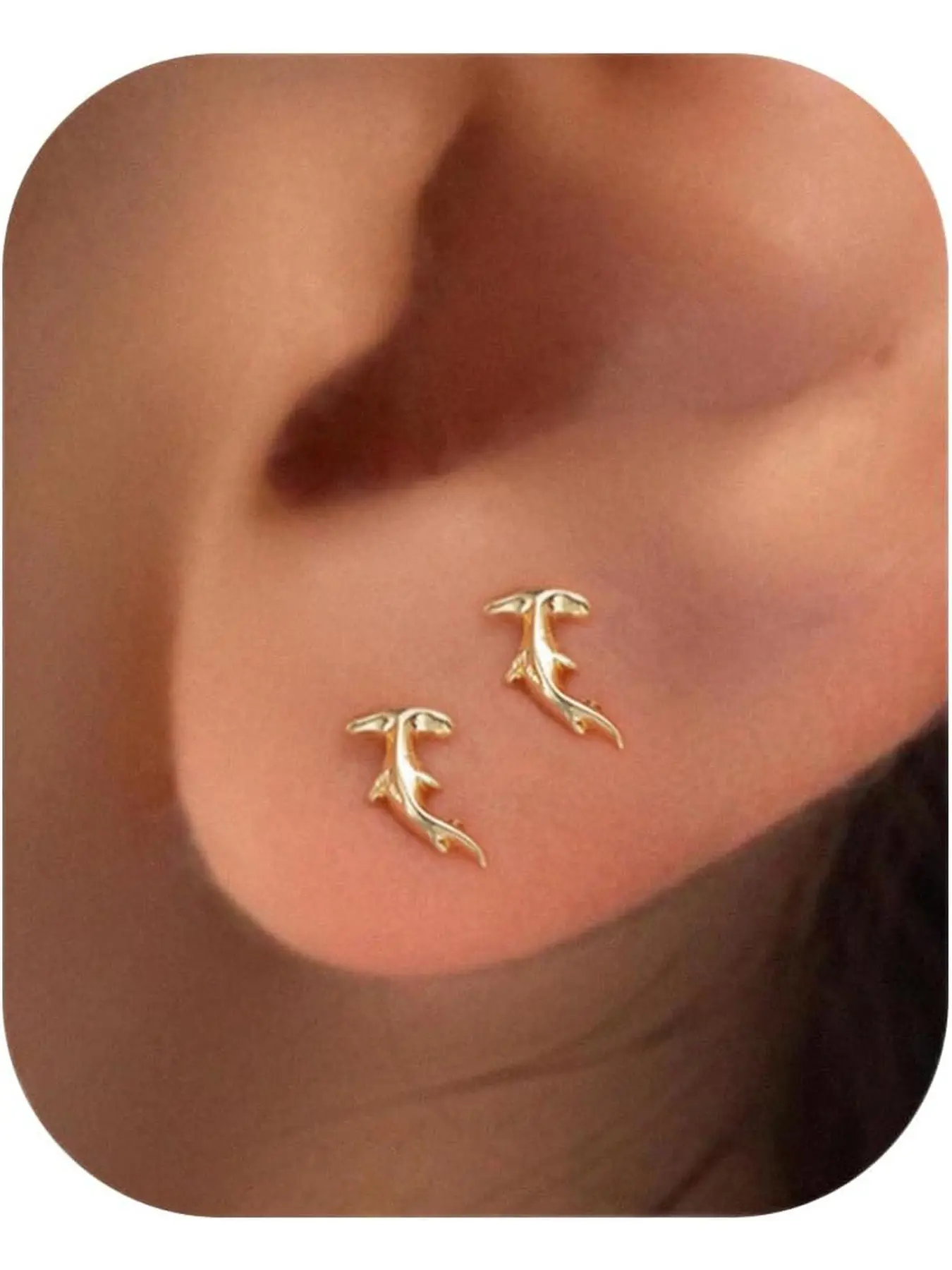 1pair Flat Back Earrings - Golden Tiny Shark Flatback Stud Earrings for Women Jewelry