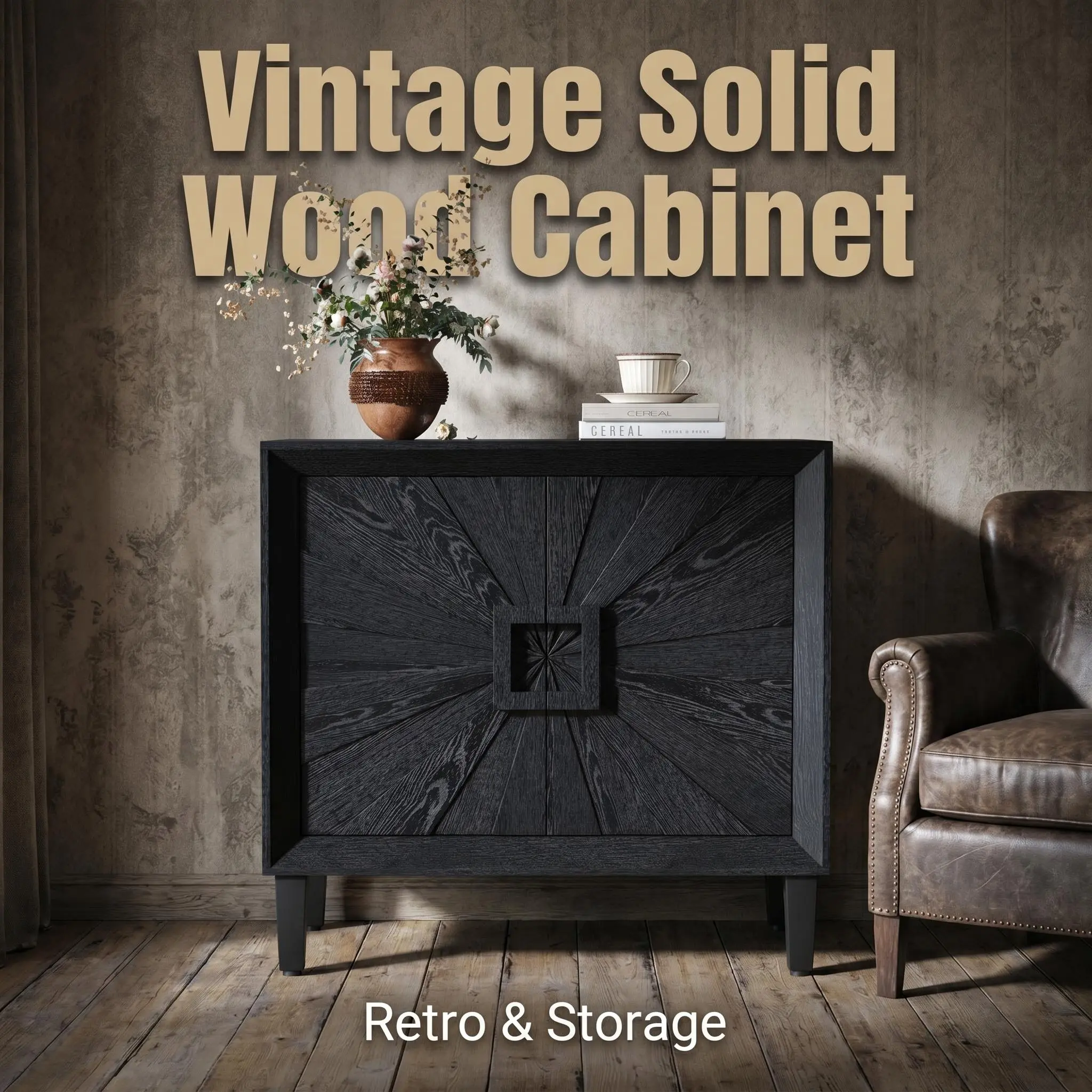 summerwins Mid-Century Wood Modular Credenza Sideboard Buffet, 31.5" W x 31.5" H x 15.7" D Black Small Space Storage Cabinet with Symmetrical Sunburst 2 Magnetic Door Closures, Adjustable Shelves, Durable, Assembly Required for Dining Room, Entryway, Neut