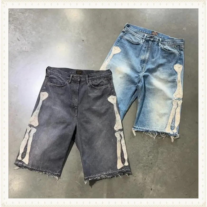 Summer retro skeleton denim shorts sports casual shorts new couple wearing street street  pants  Europe and America