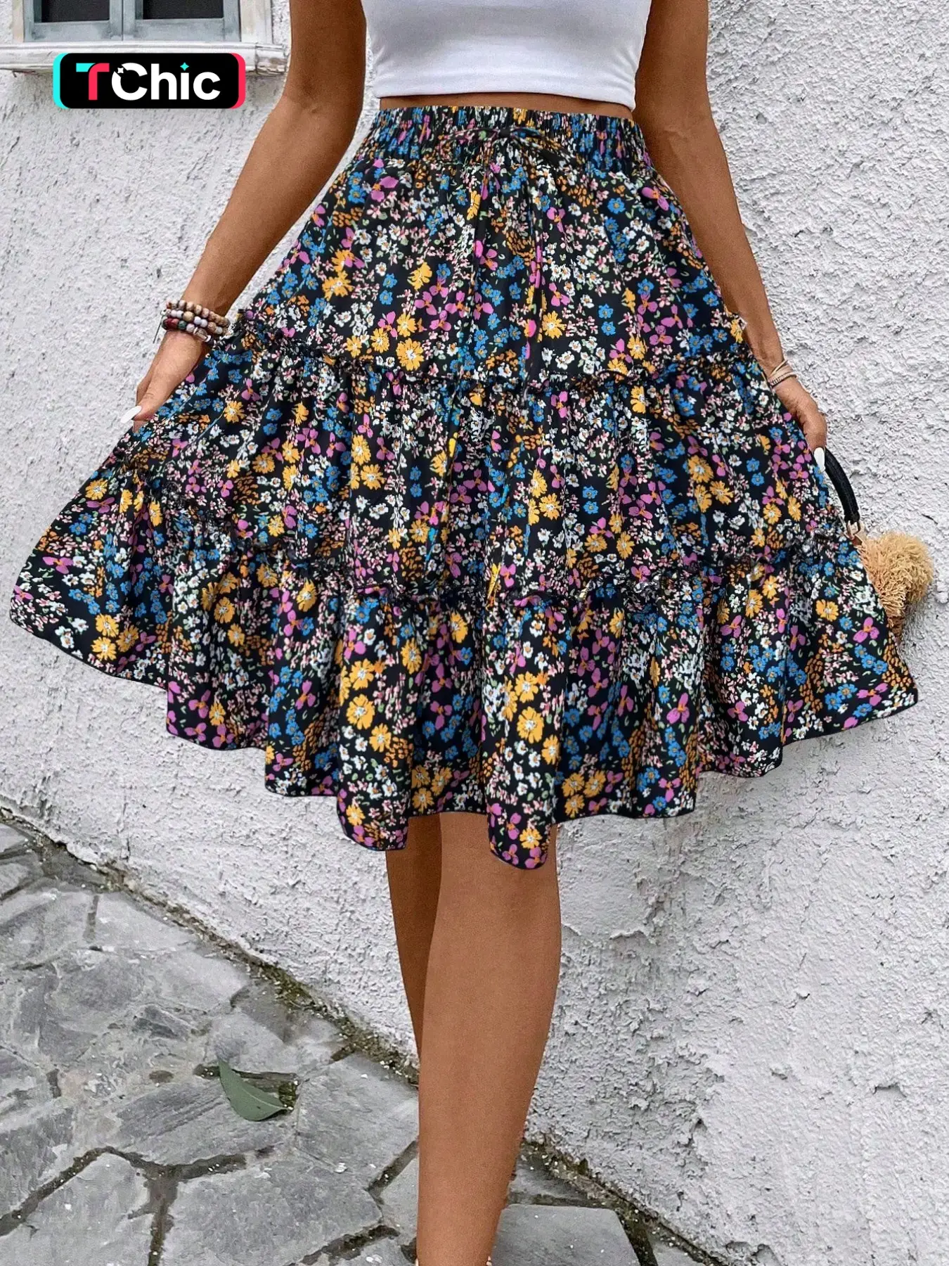 Women Lightweight Chiffon Floral Ruffled Hem Bohemian Boho Skirt (Assorted Prints)