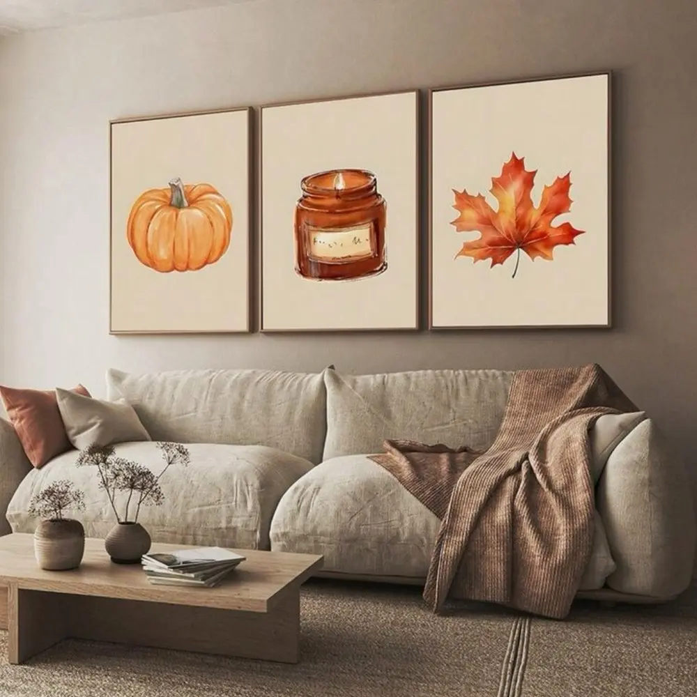3pcs Optional Wooden Frame Halloween Canvas Paintings with Autumn Atmosphere Theme Prints - Art - Autumn Theme Wall Decorations - Pumpkin Halloween Art Decoration Posters
