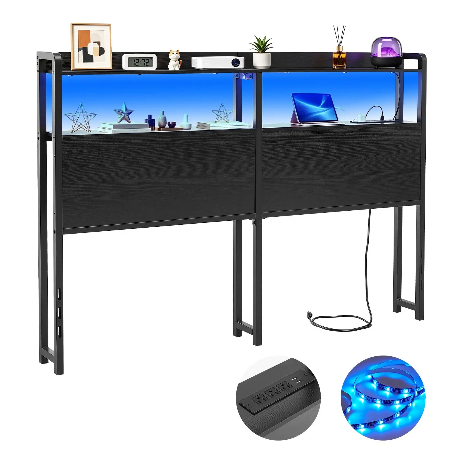 VEVOR Queen Size Bed Headboard with 2 Storage Shelves, LED Lights, 3 Outlets, 3 USB Ports, Sturdy Carbon Steel Frame, Charging Station, Adjustable Height, Easy Assembly, Black [DealsForYouDays]