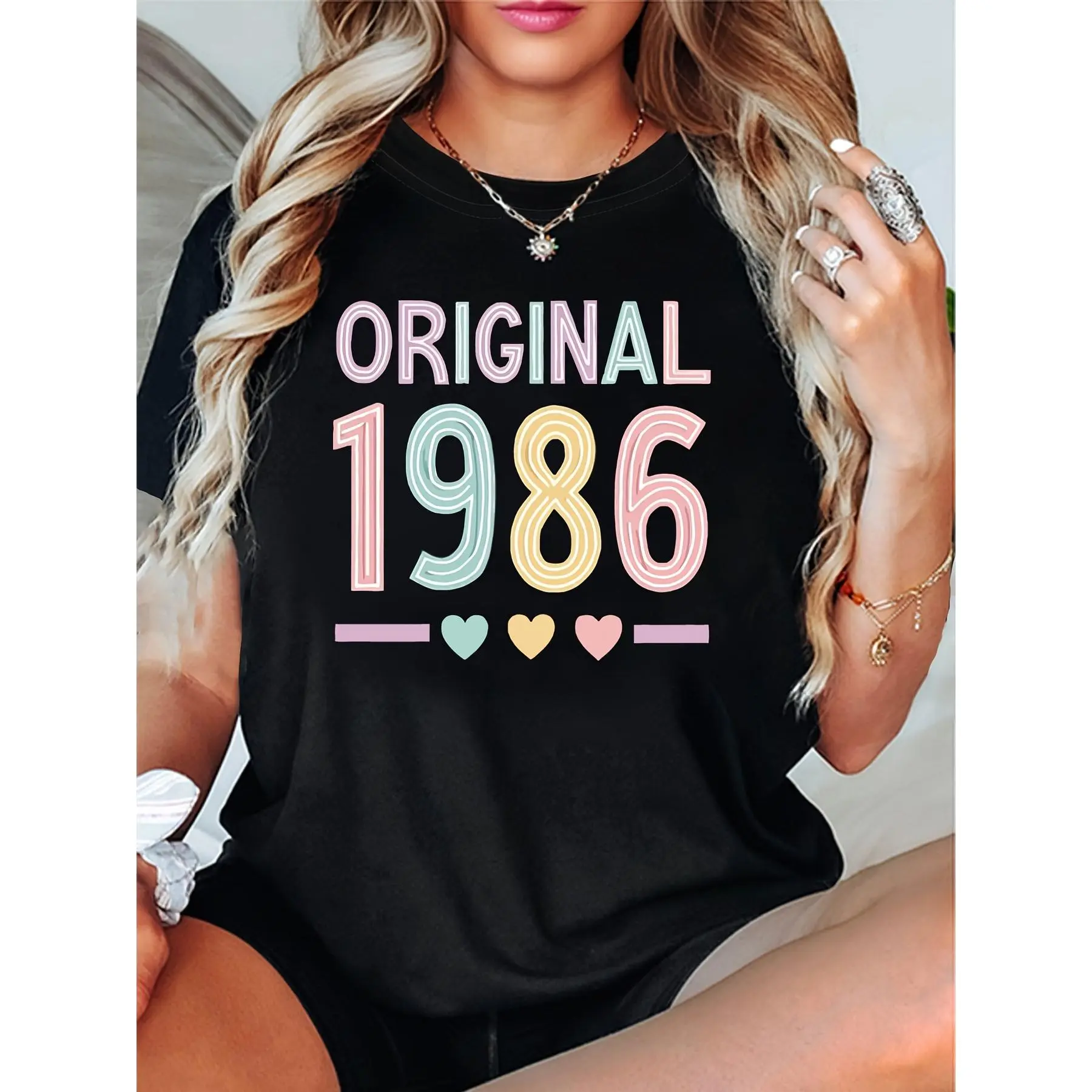 Women's 80s Aesthetic 1986 Pure Cotton Basic Short Sleeve Graphic T-Shirt - Round Neck, Heart Accents, Colorful Lettering, Colorful Style, Casual Black Top, Dry Clean, All Seasons Wear