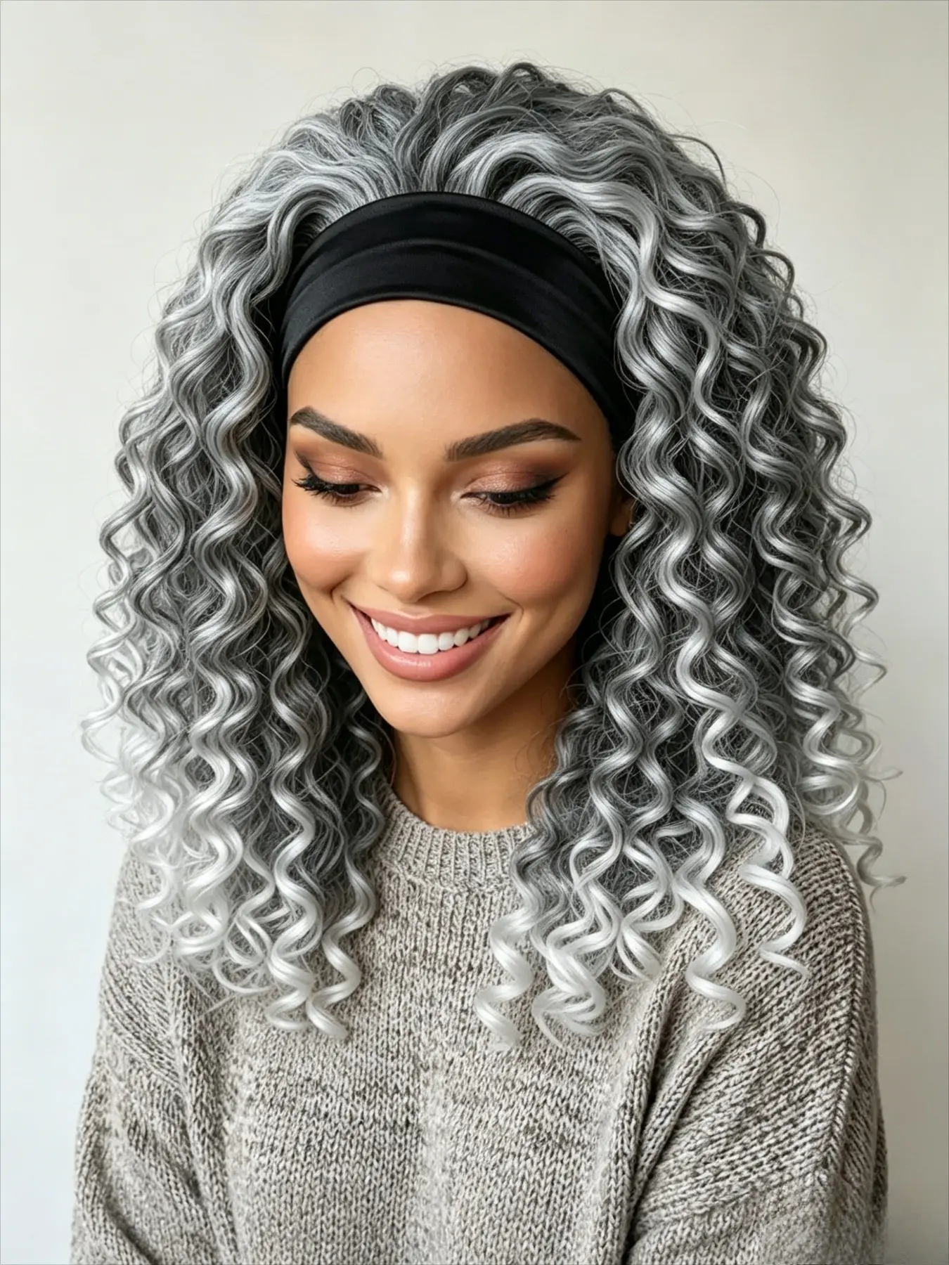 Gradient Ombre Brown Highlighted 14 Inch Deep Wave Bob Headband Wig, Wavy Wig for Black Females, Hand & Machine Synthetic Hair, Attached Matching Cloth Headband, Zero Lace Glueless Design Ideal for Workplace, Family Gatherings and Holiday Photo Shoot