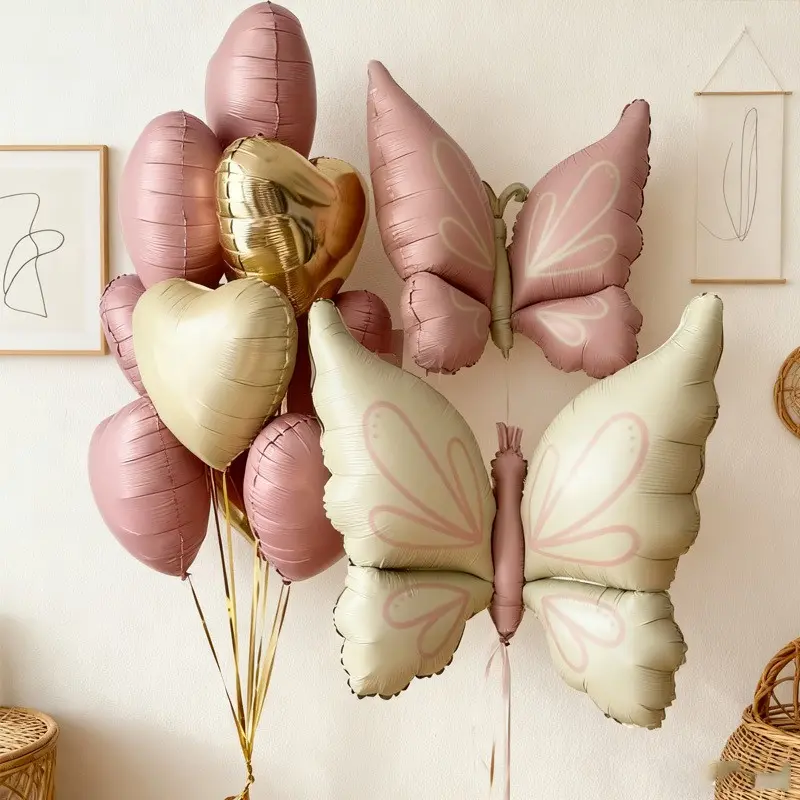 12pcs Large Wing Butterfly Heart Aluminum Foil Balloon Set, Wedding Party Decor, Birthday, New Year, Anniversary, Outdoor Event Decoration