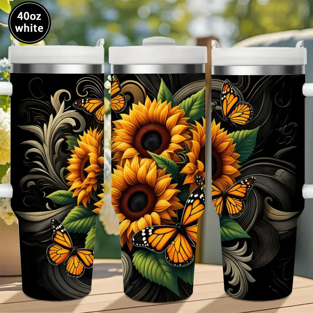 Stainless Steel Vacuum Insulated Floral Art Water Bottle - Black Background Sunflower Monarch Butterfly Scroll Full Wrap Tumbler, Portable, 40oz Handle/20oz Straight Cups, Women's Home Supplies Gift for Sunflower Lovers, Water Bottles