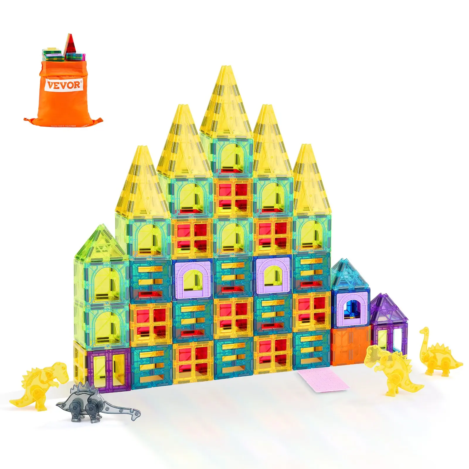 VEVOR Magnetic Tiles, 56 PCS Magnetic Animals Building Blocks for Kids, Magnet Building Set with 4 Dinosaurs, STEM Sensory Educational Construction Stacking Toys Gift for Toddlers Boys Girls Aged 3+