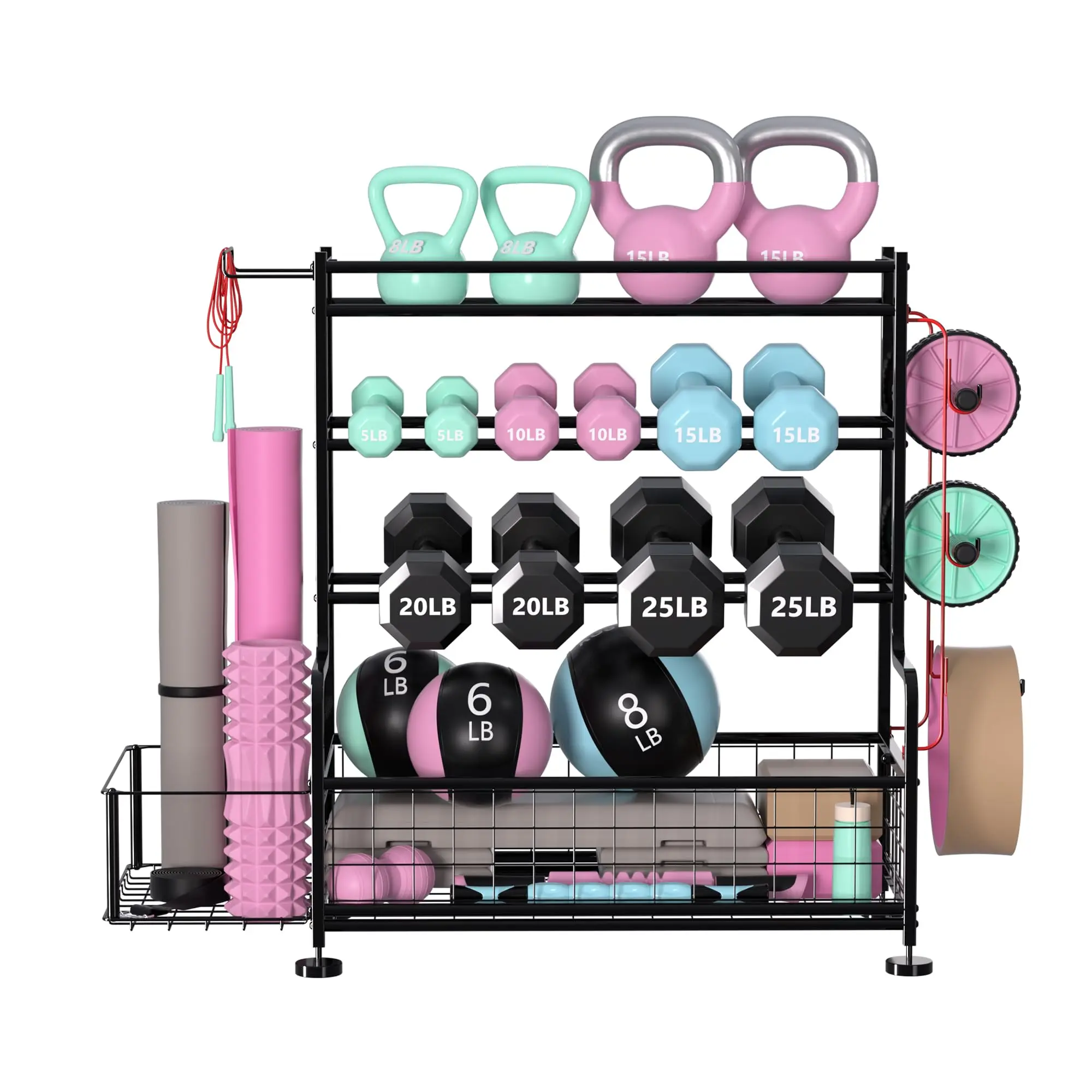 Dumbbell Rack, Home Gym Weight Storage Rack with Hooks for Dumbbells, Yoga Mats, Kettlebells & Strength Training Equipment, Powder Coated Steel Finish
