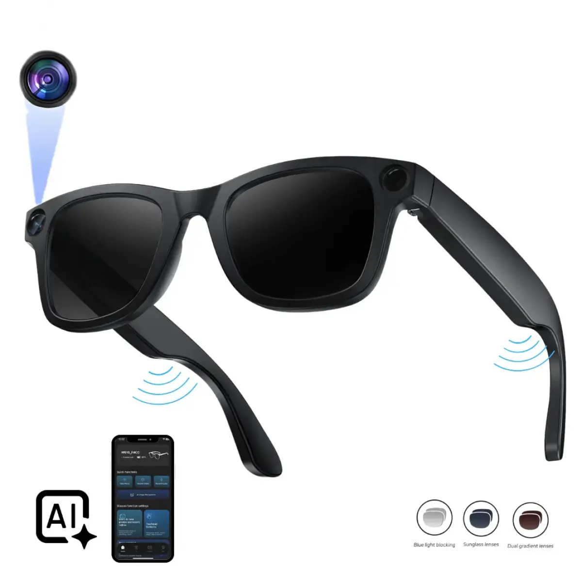 sohochic Smart Glasses - 8MP Cam, 1200P Video Recording, AI Voice Ctrl, Bluetooth, Wi-Fi, UV400 Protection, Blue Light Filter, 4 Hours Playtime, Interchangeable Lenses, Magnetic Sync Wearable Design