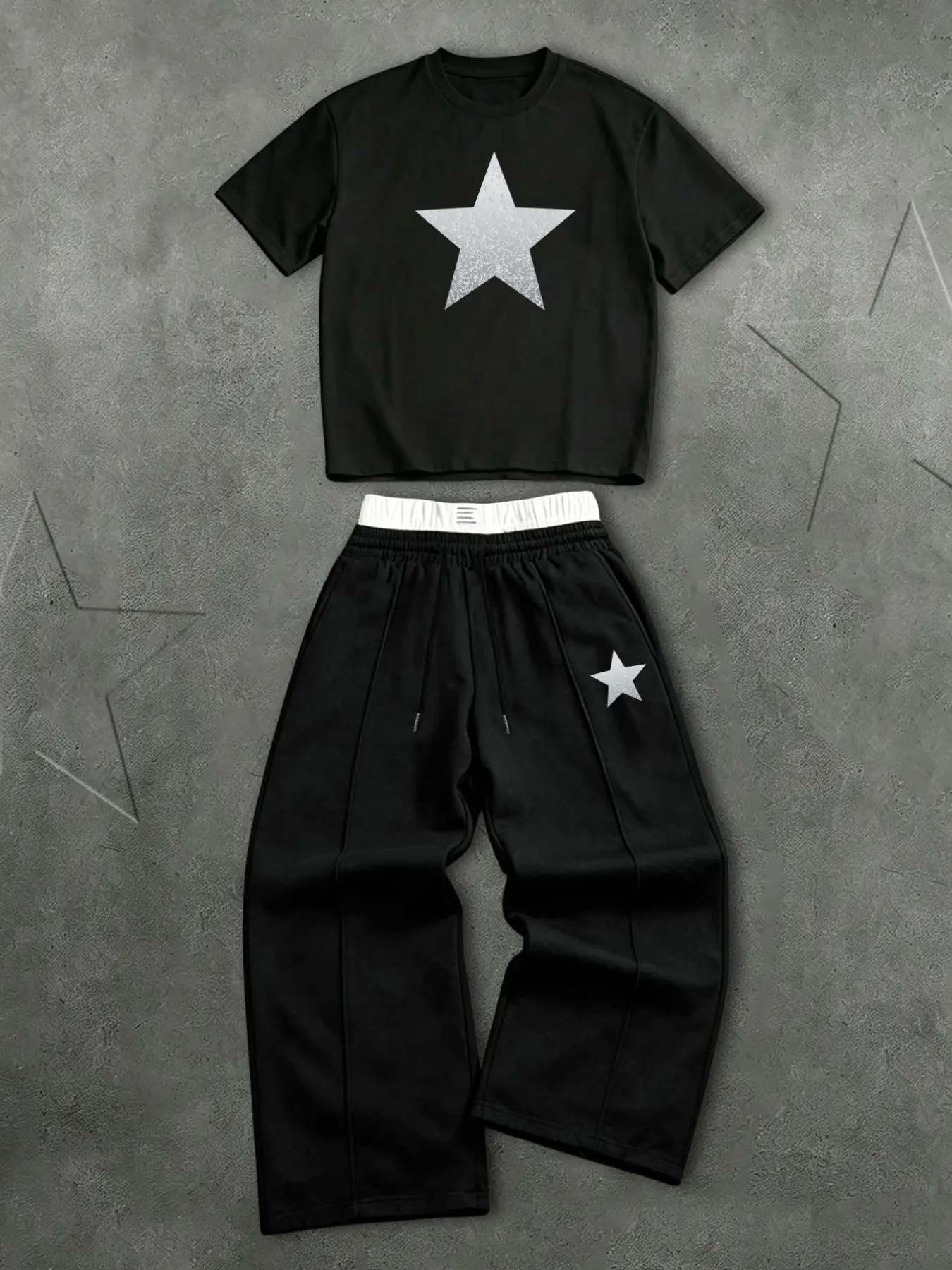American retro California angel badge two-piece set, Y2K unisex Round Neck short top + color-blocked baggy wide-leg sweatpants, a trendy West Coast preppy Casual Vintage style set.
