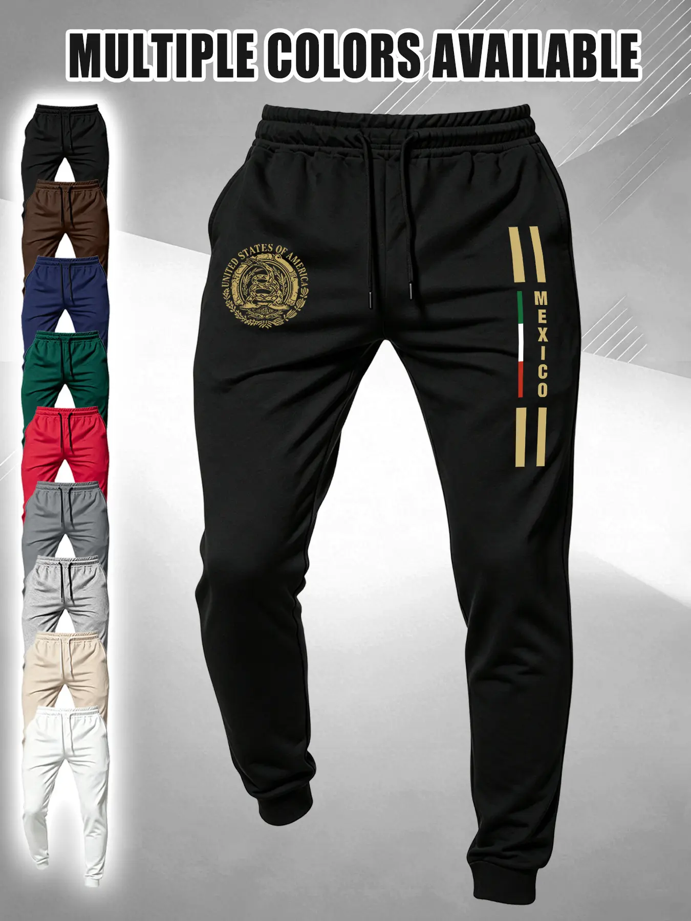Men's Trendy Print Casual Slim Fit Long Pants, Mexico Eagle Letter Design, Soft Fabric, Multi-Color Options, Summer Outdoor Wear, Casual Streetwear Trousers
