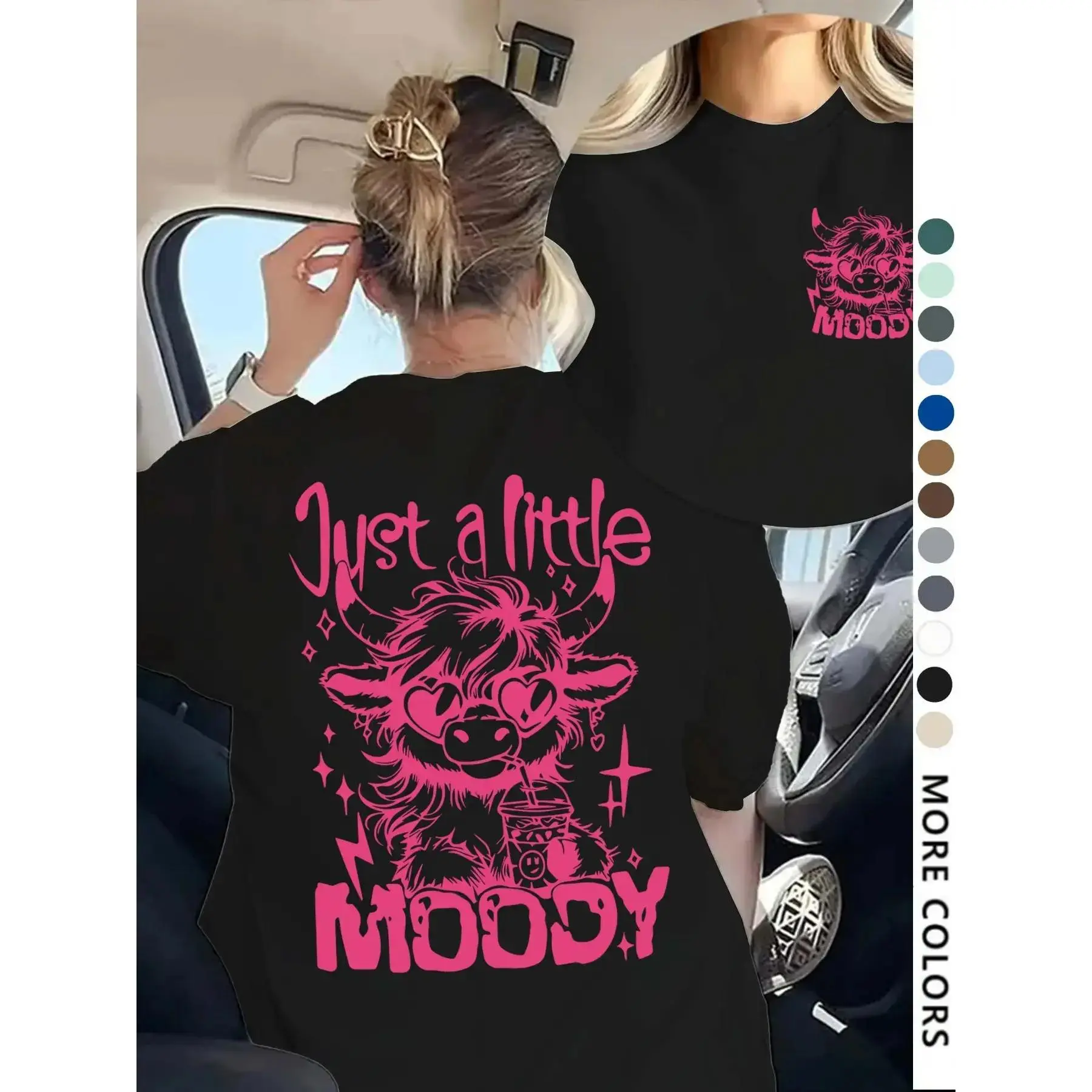 Just a Little Moody Cow Graphic Tee Women Oversized Cute Pink Aesthetic Funny Y2K Streetwear Soft Casual Graphic T Shirt