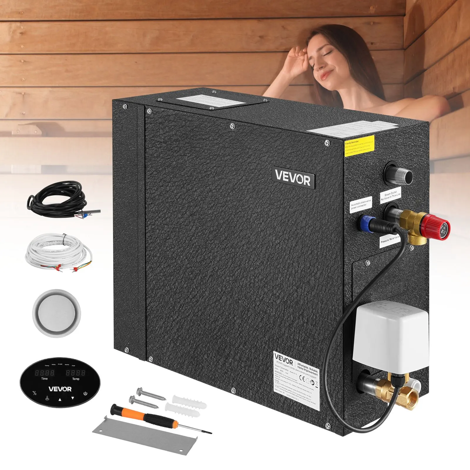 VEVOR 7.5 kW Steam Generator with Controller & Auto Drain Kit, 10 Min-24h Efficient Shower System, Overheat/Dry-Run/Overpressure Protection, Black for Home Sauna Steam Bath Use
